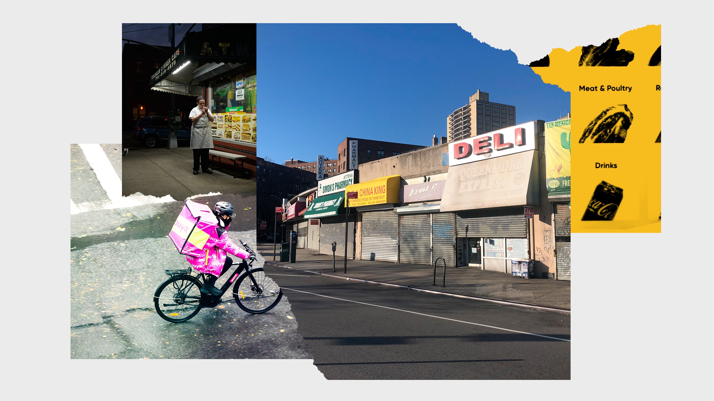 Colagem das imagens de um funcionário de uma adega em uma rua da cidade vazia durante uma pausa de fumaça e um motorista de bicicleta
