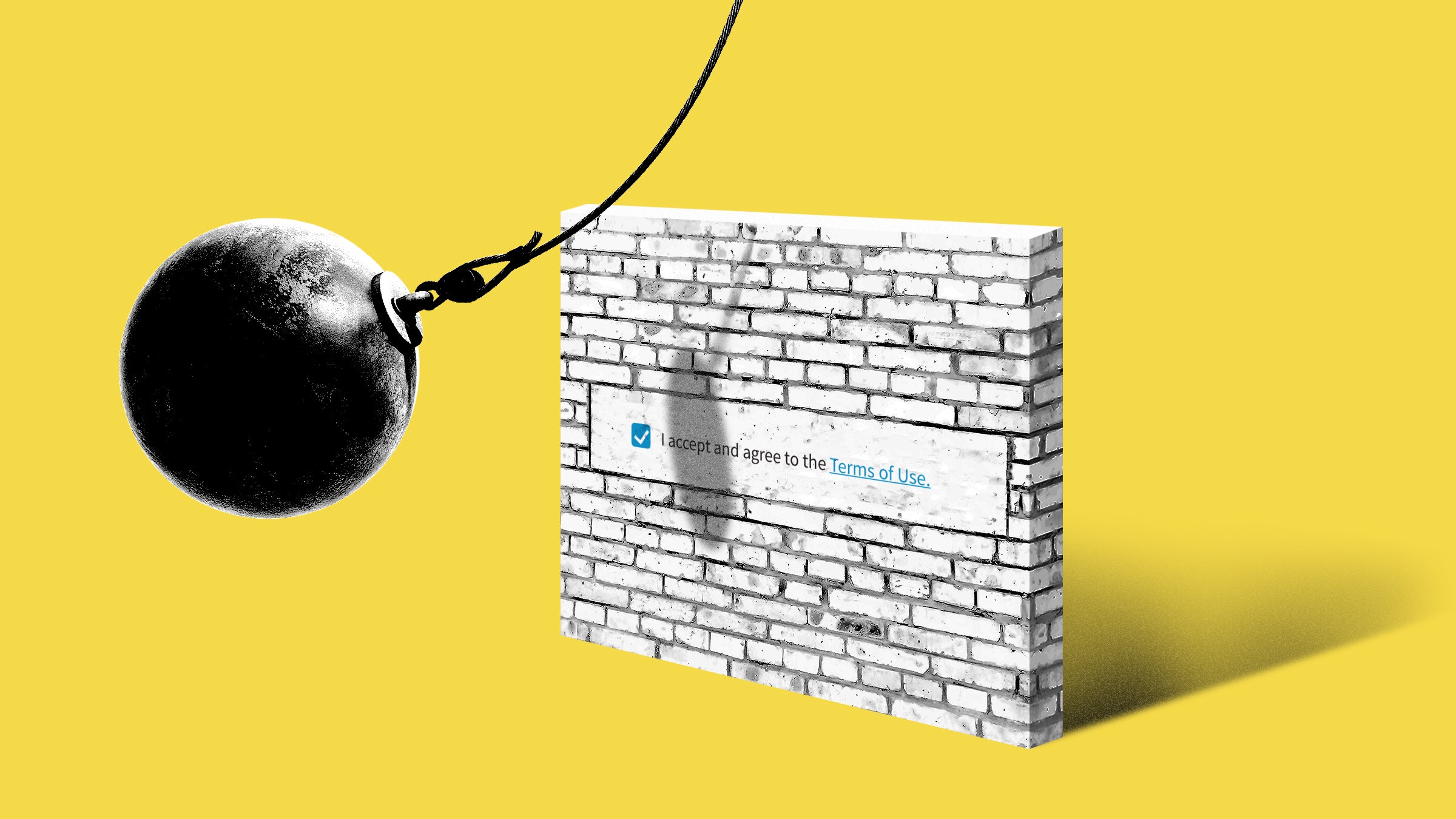 Ilustração de uma bola prestes a quebrar uma parede de tijolos com um contrato de usuário nela