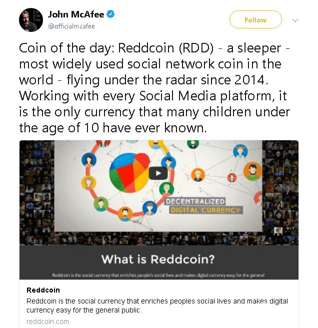 Previsões de preços de Reddcoin no Twitter de John McAfee