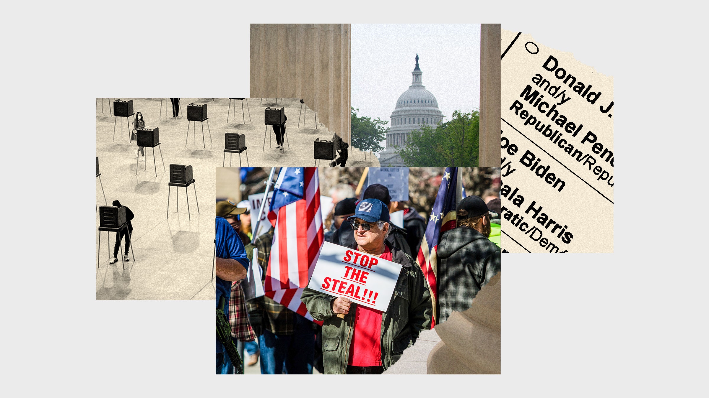 Colagem de imagens de protestos de Stop the Steal 2020, votando em cédulas e prédios do Capitólio