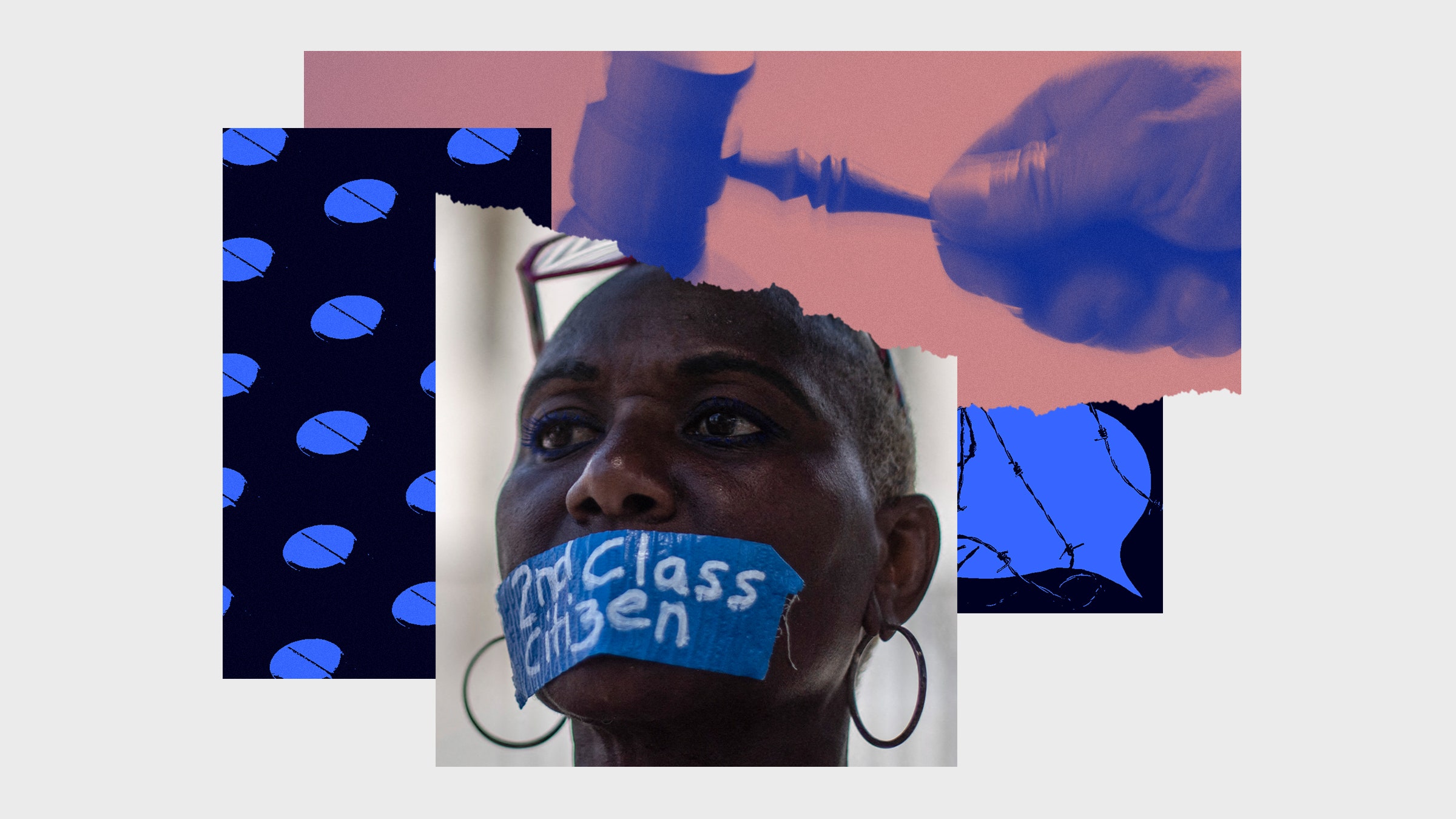 Uma colagem de fotos representando uma pessoa com uma fita colada com a boca, um martelo, uma bolha de fala envolvida em arame farpado e comprimidos
