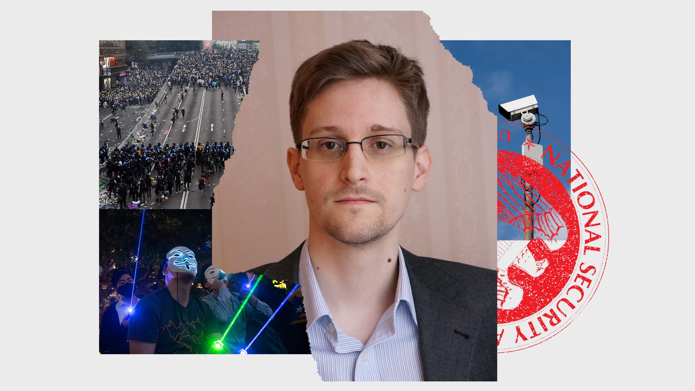 Colagem de fotos de um retrato de Edward Snowden, dos manifestantes de Hong Kong e do logotipo da NSA