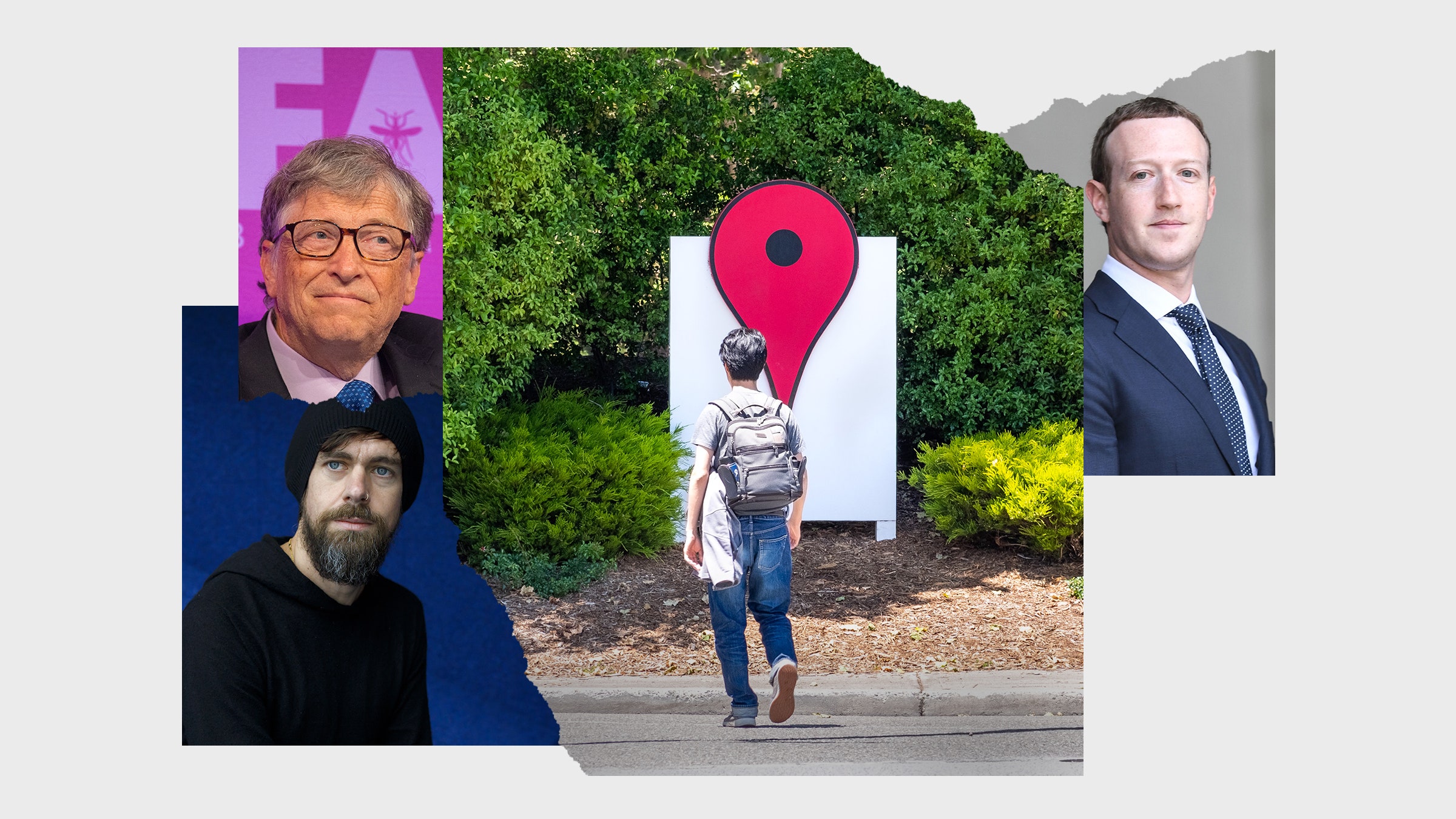 Colagem de imagens de Bill Gates, Mark Zuckerberg, Jack Dorsey e o estereotipado irmão tecnológico