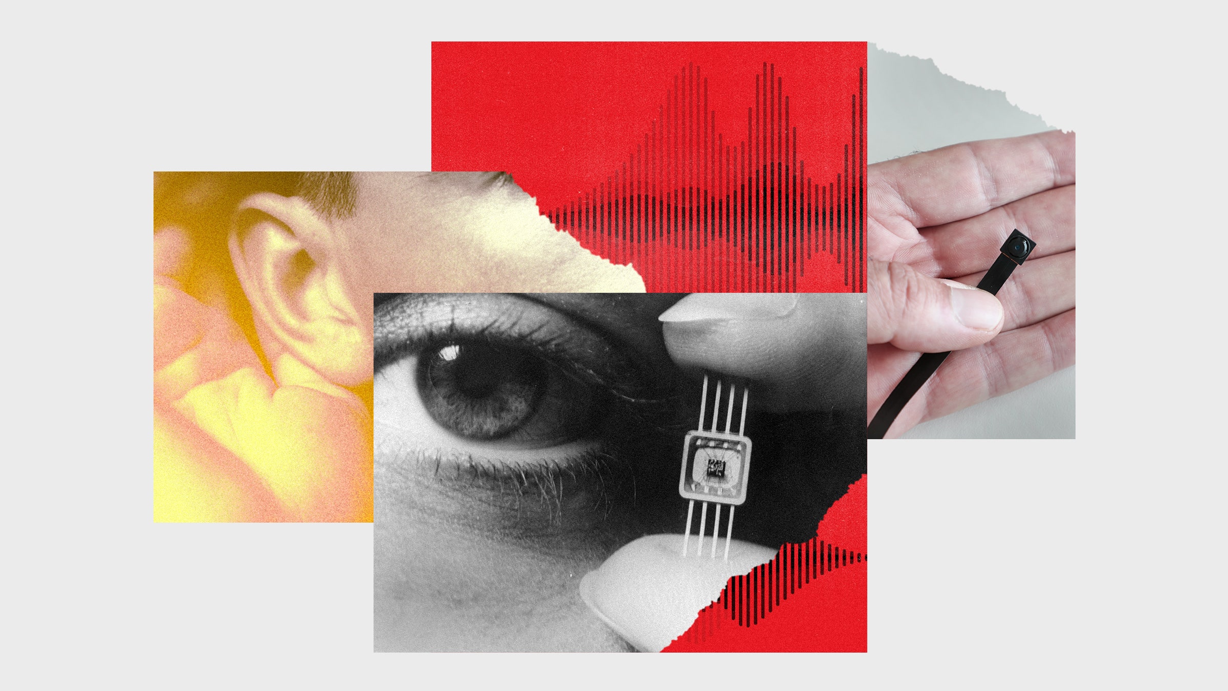 Colagem de imagens de uma pessoa transistor pressionando uma onda de áudio para a orelha e uma câmara em miniatura