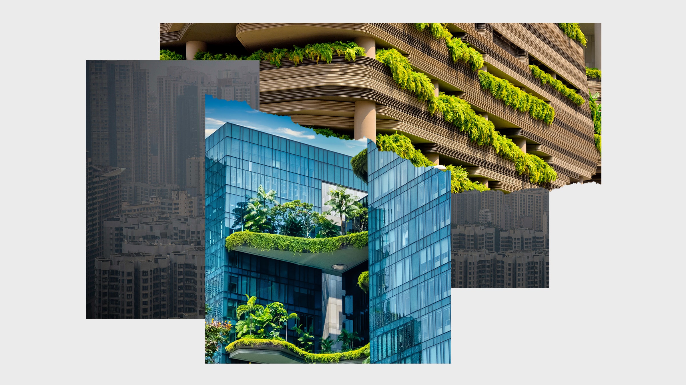 Colagem de imagens de edifícios da cidade com espaços verdes e outros edifícios da cidade em poluição