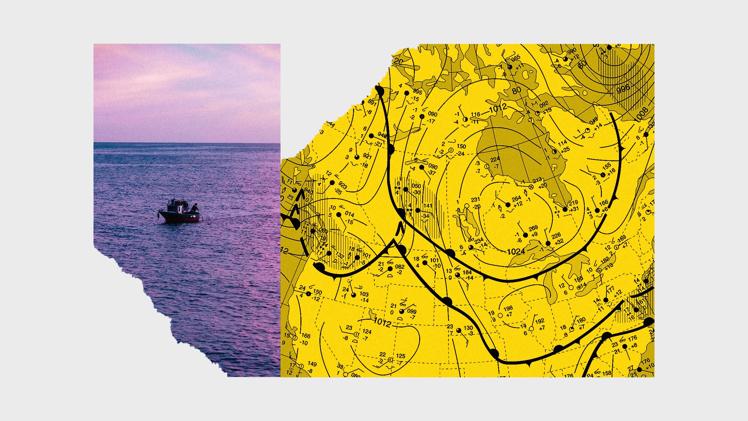 Colagem de imagens de um barco contra um céu rosa e gráficos de mapas meteorológicos