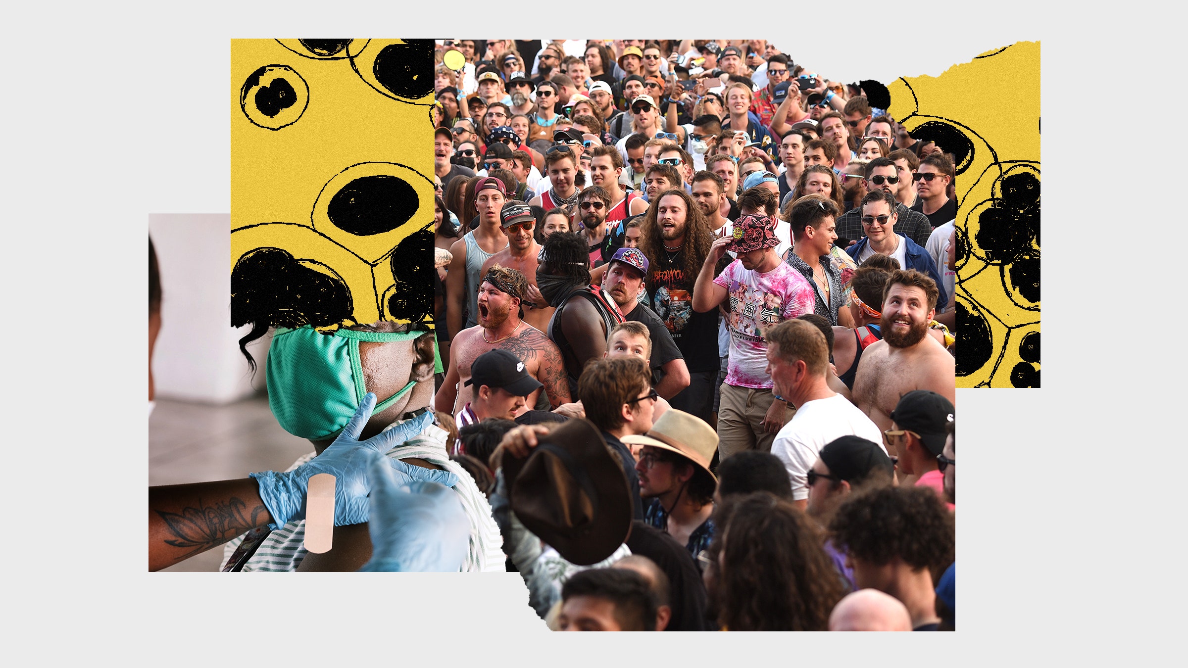 Uma colagem das imagens de uma pessoa exposta em uma multidão recebendo uma vacina e um vírus
