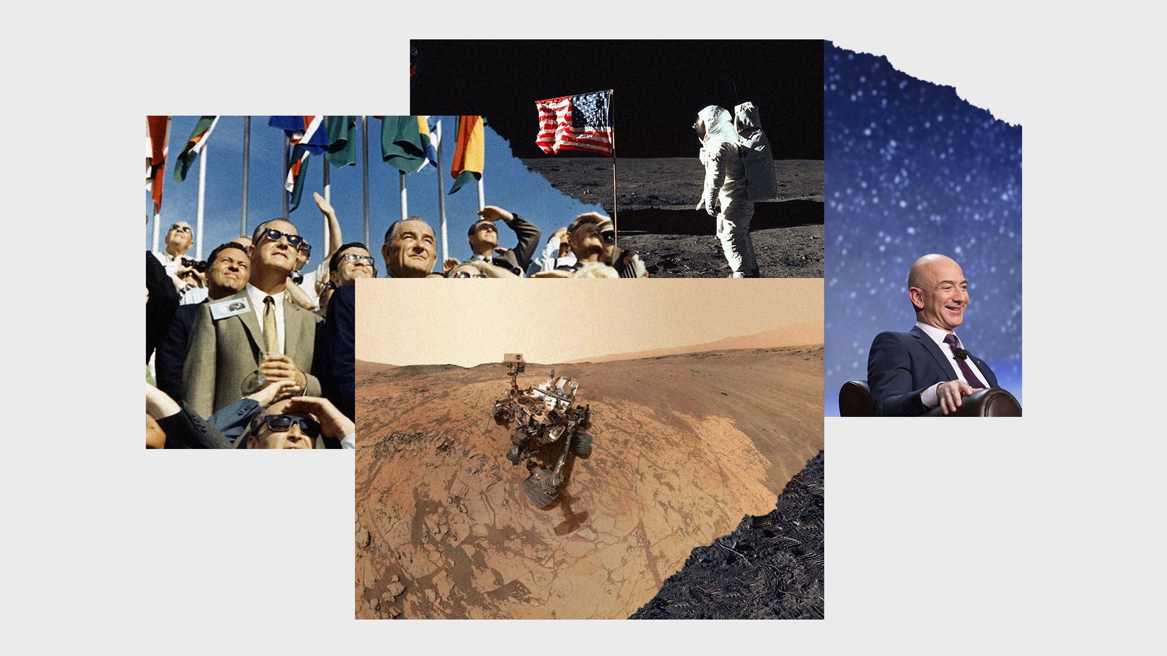 Uma colagem das imagens de um veículo espacial em Marte, pousando na lua, multidões de pessoas assistindo o foguete e o logotipo de Jeff Bezos
