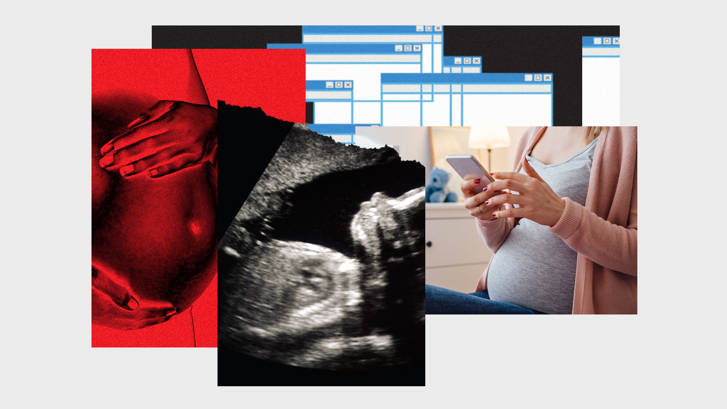 Colagem de imagens de pessoas grávidas em janelas pop e ultrassom fetal