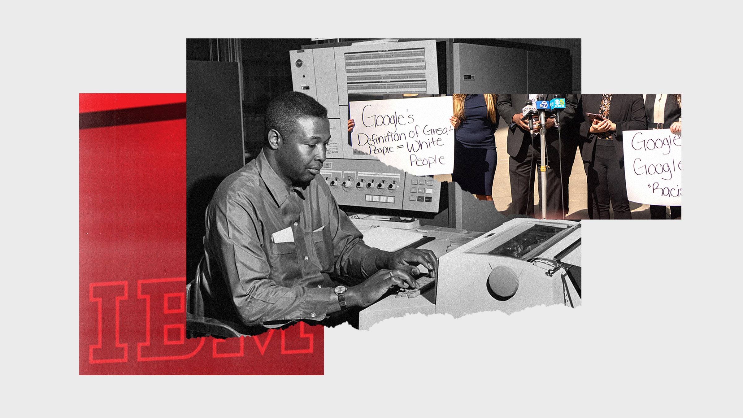 Colagem de imagens do IBM Logo Archive Imagem de um trabalhador técnico negro e manifestantes do Google