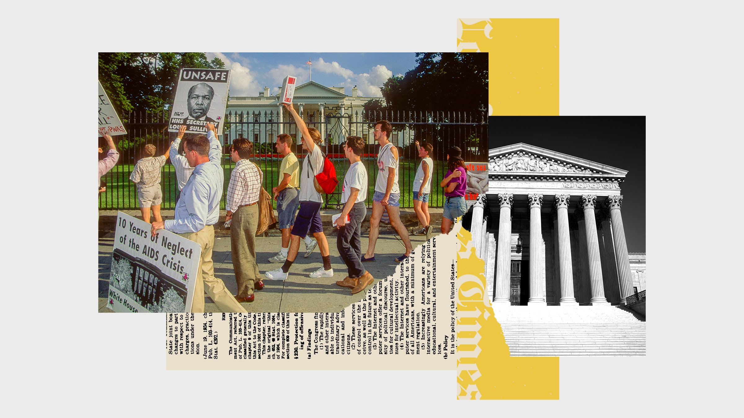 Colagem de imagens de ativistas da AIDS no prédio da Suprema Corte dos EUA e arquivo PDF com o texto da Seção 230
