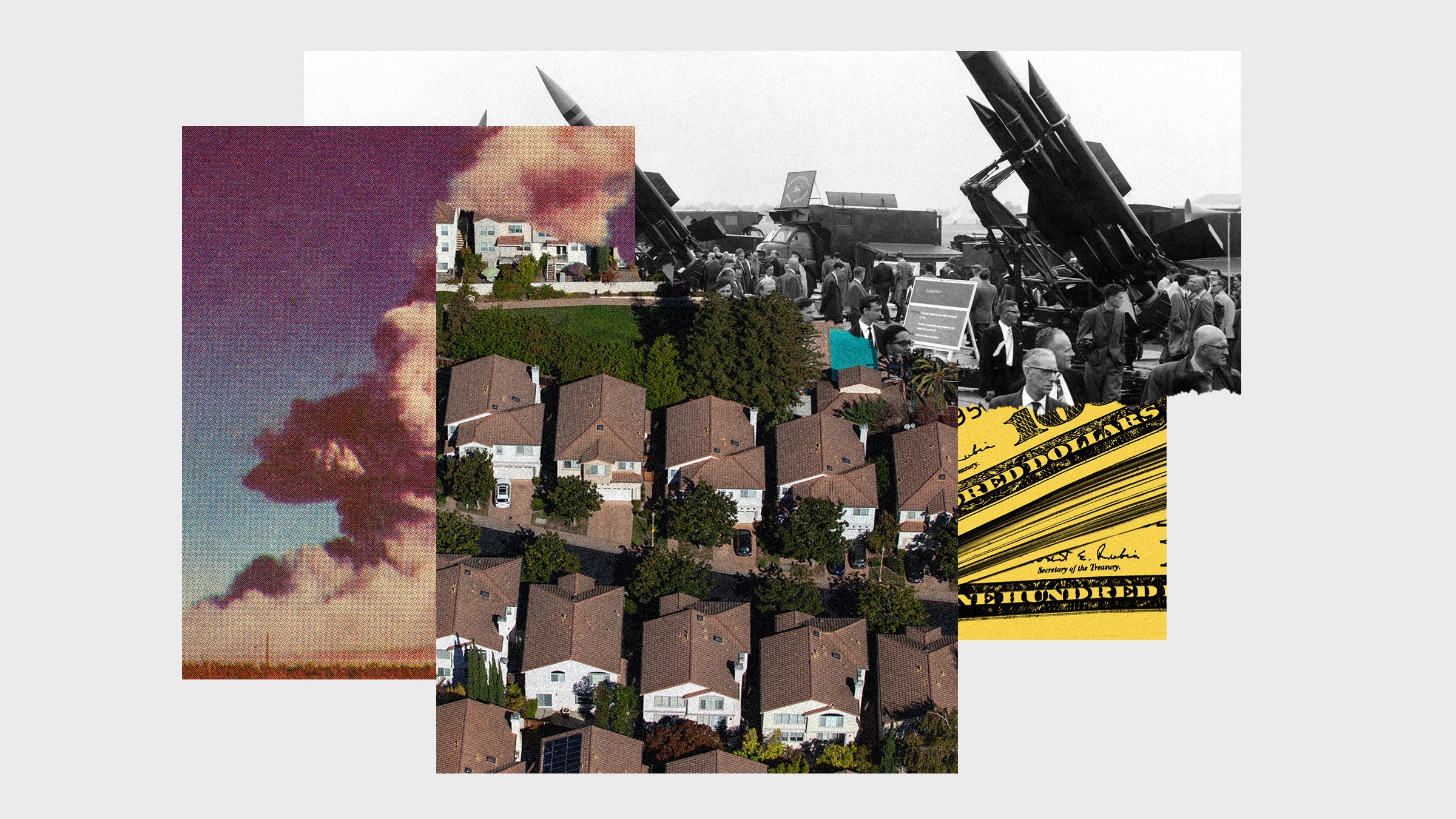Colagem de imagens do densamente povoado Vale do Silício, onde a tecnologia e o dinheiro do tempo de guerra são armazenados