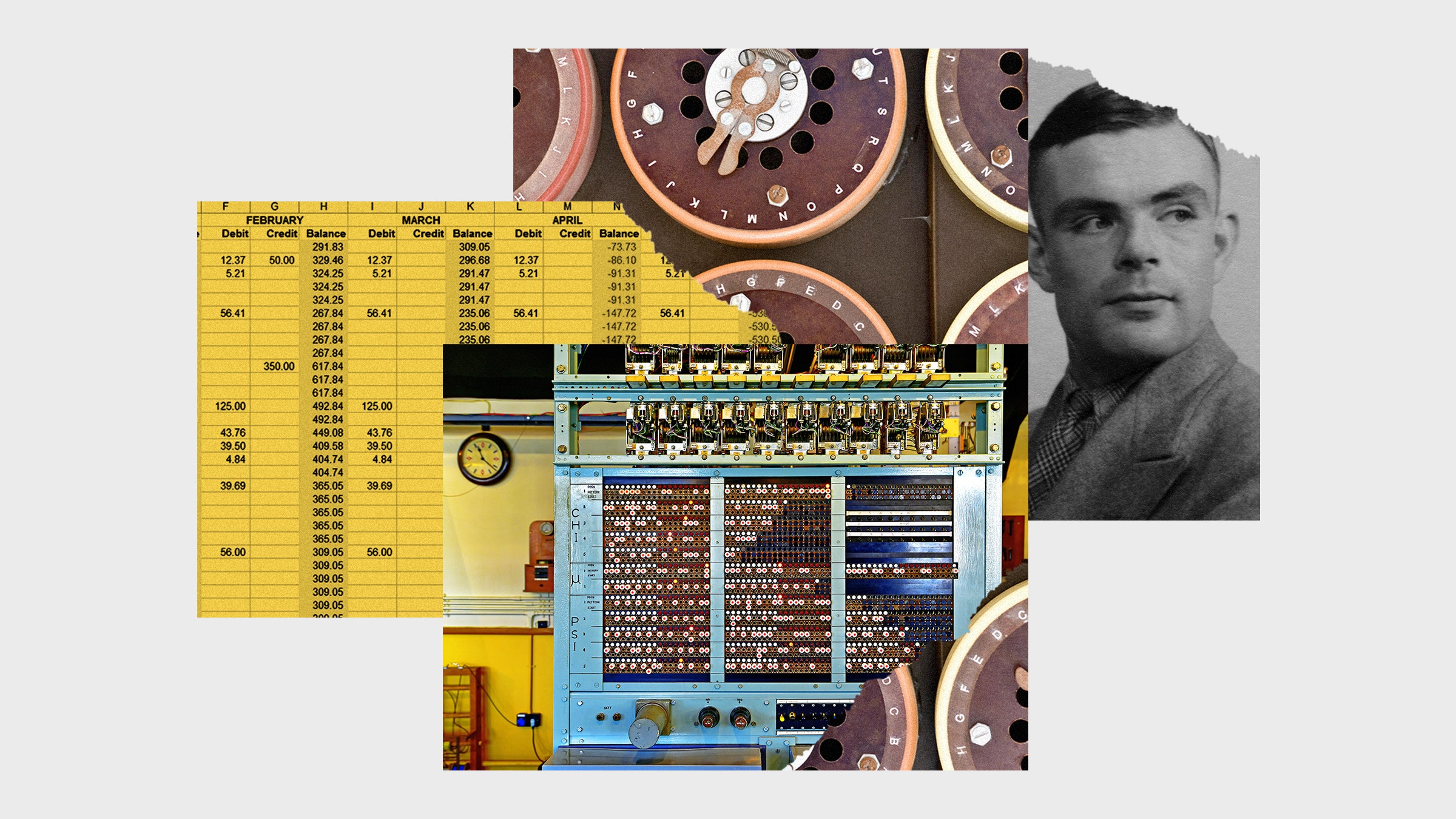 Colagem de imagens de Alan Turing e Womon
