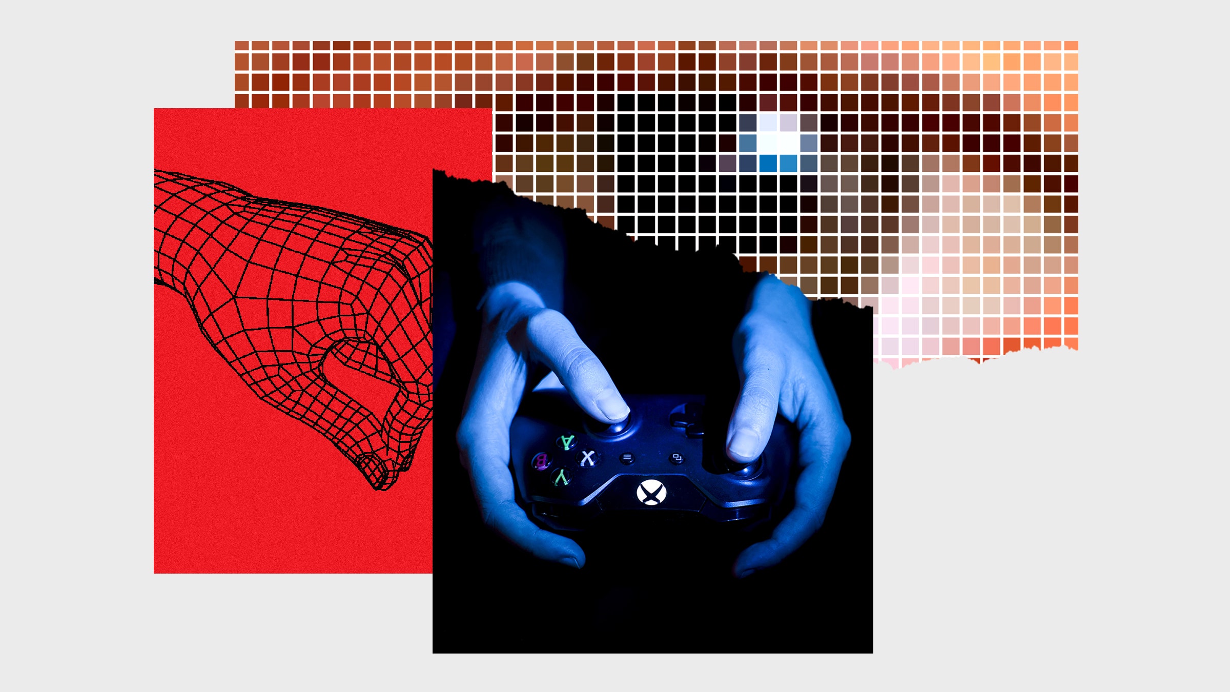 Colagem de imagens da carta vetorial do controlador de videogame do braço e olho digital