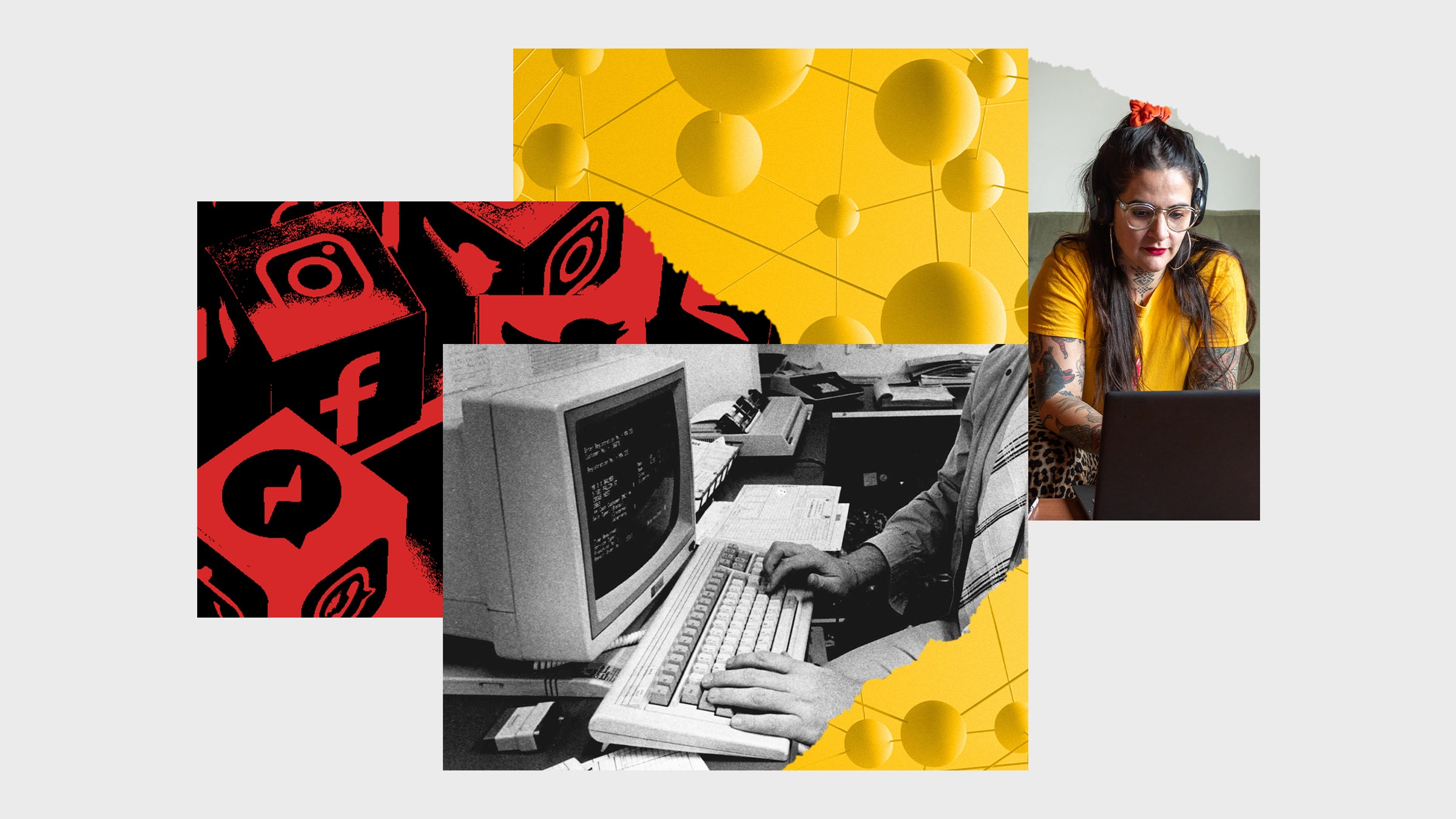 Colagem de fotos representando um computador dos anos 80, uma pessoa em um laptop e ícones de redes sociais
