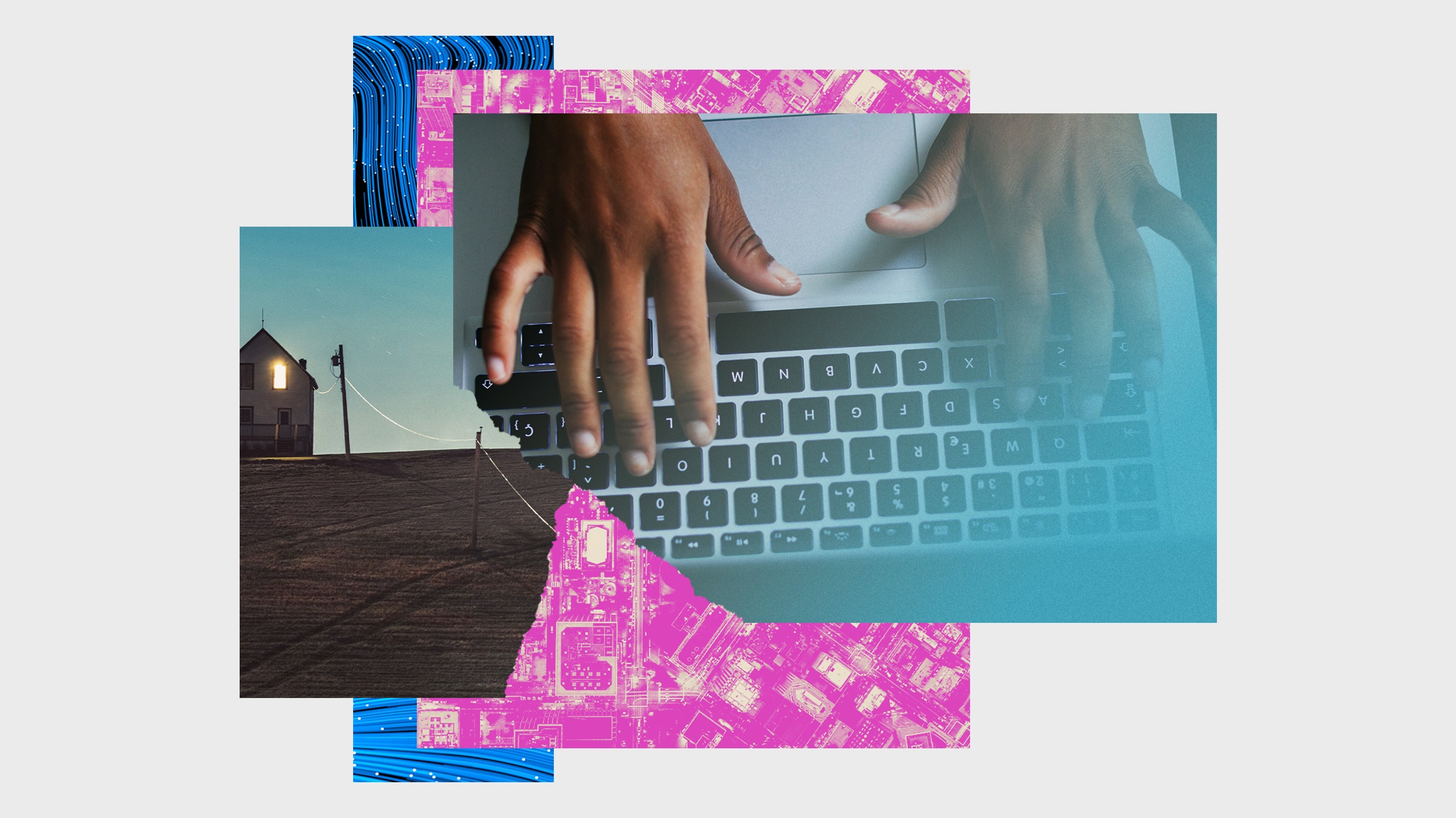 Colagem de fotos de mãos digitando no teclado do computador ideia de conexão de internet de casa rural