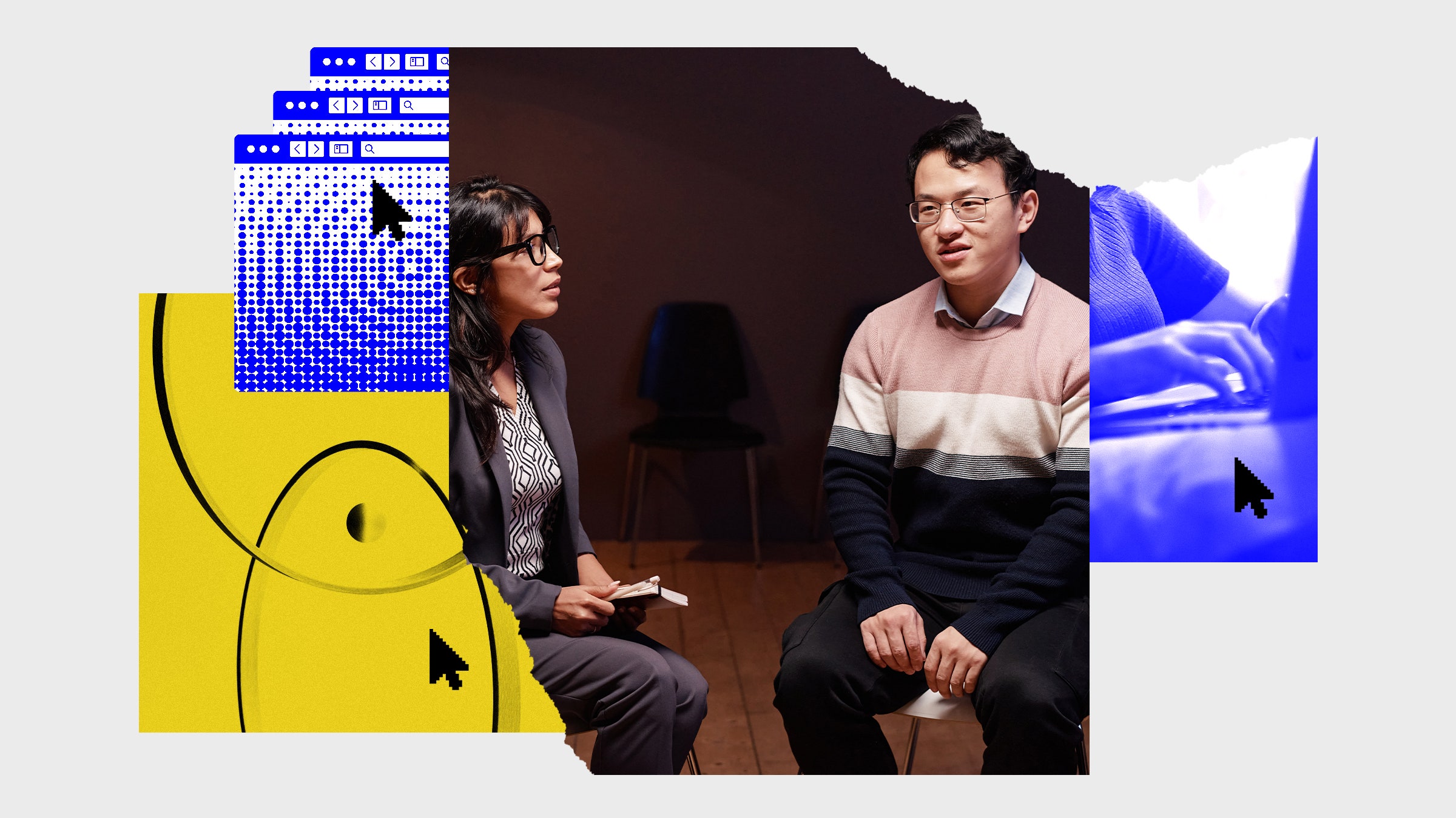 Colagem de fotos representando um homem conversando com um terapeuta, um homem digitando em um teclado, navegadores Windows e uma ideia de comunicação
