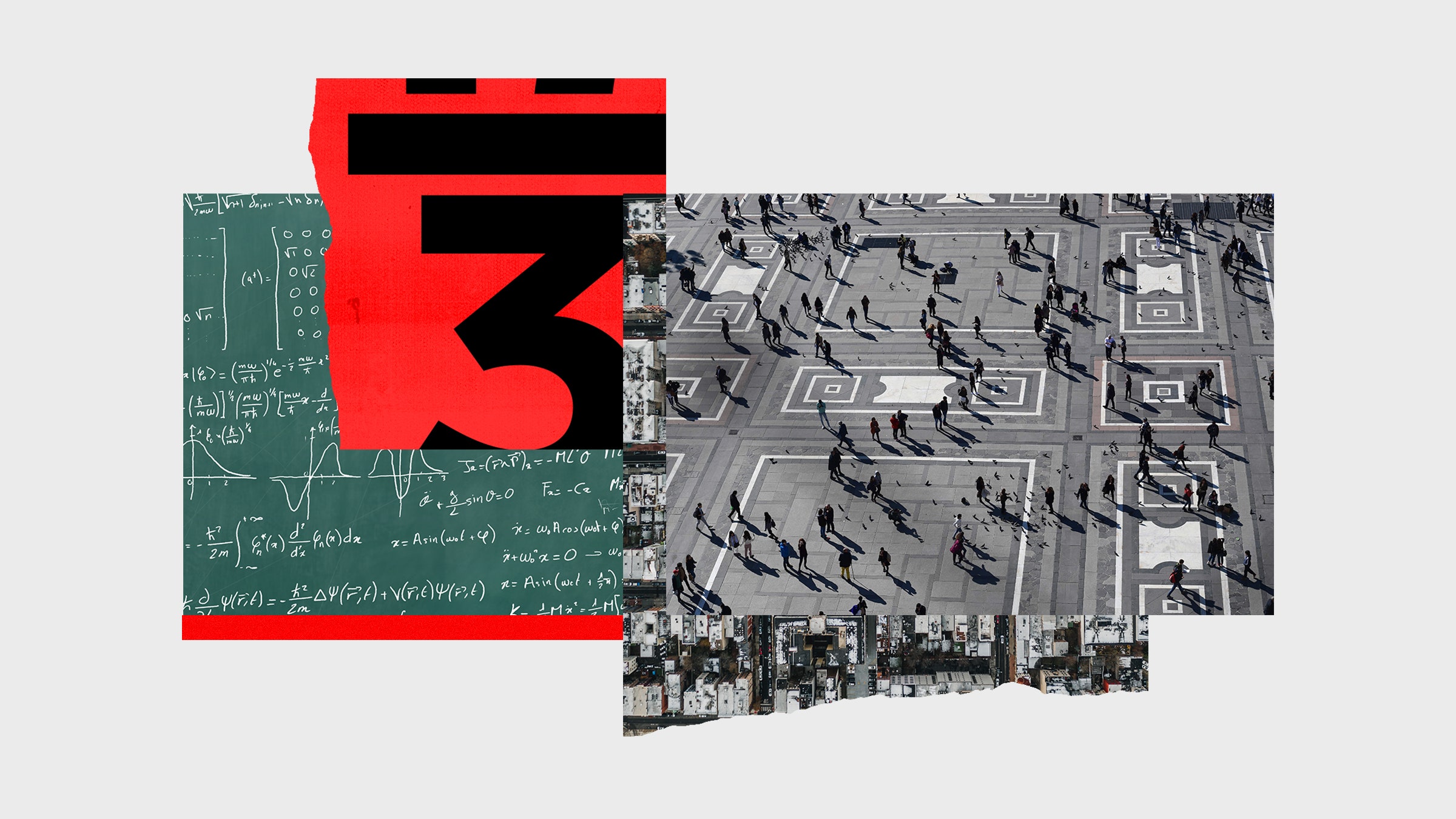 Colagem de imagens de pessoas coletando matemática e uma grade urbana