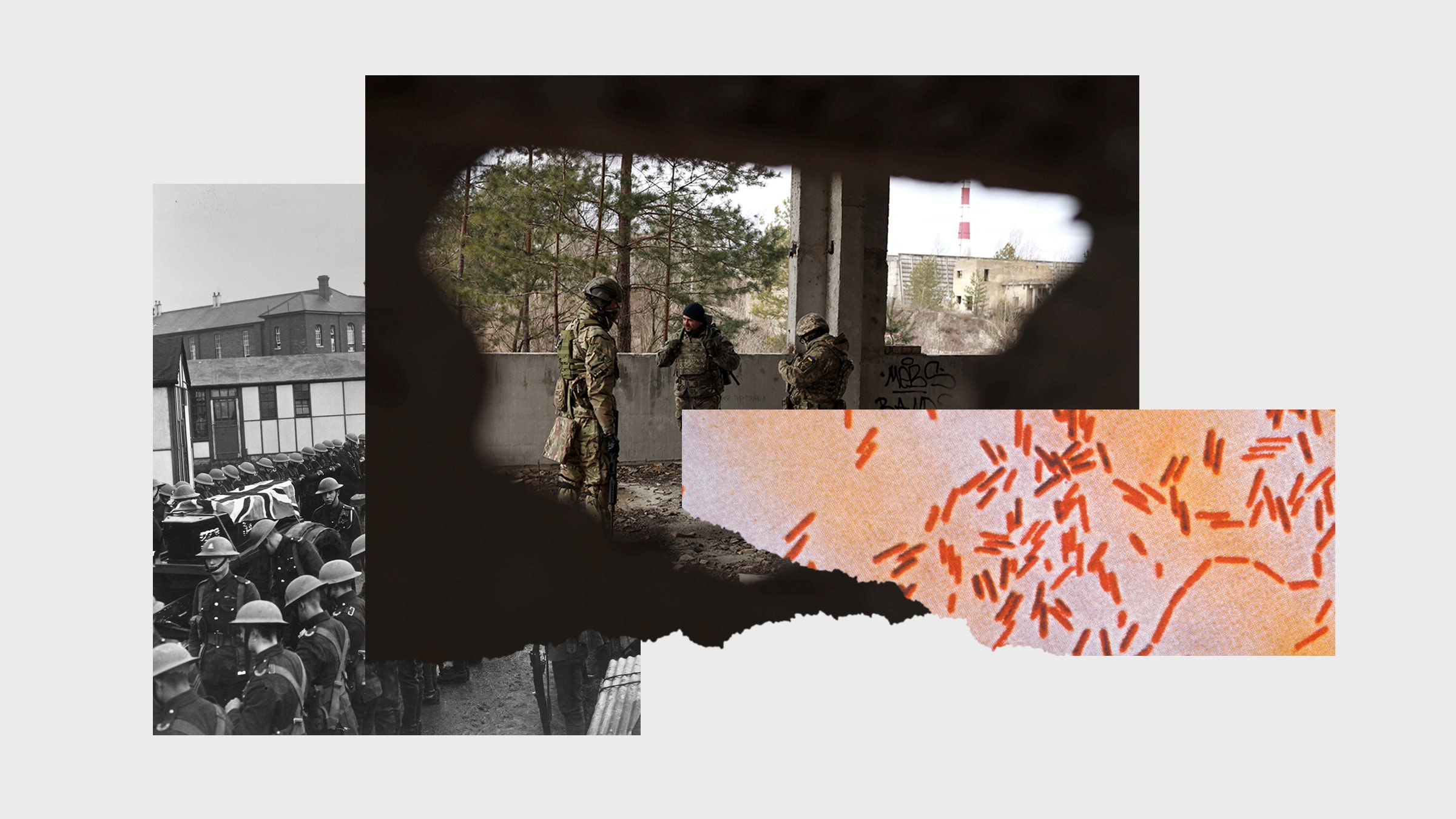 Colagem de imagens de soldados e vírus