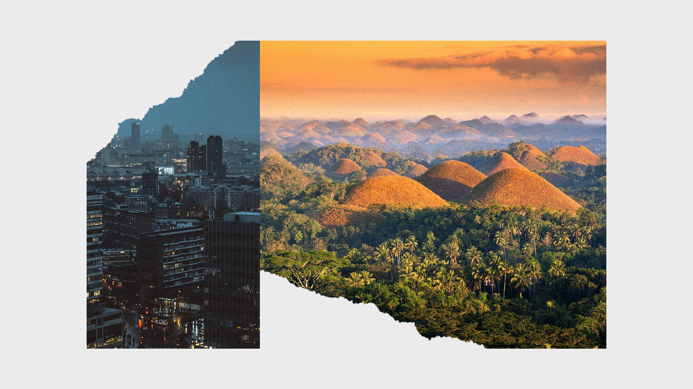 Colagem de imagens de uma paisagem tropical e uma cidade sombria