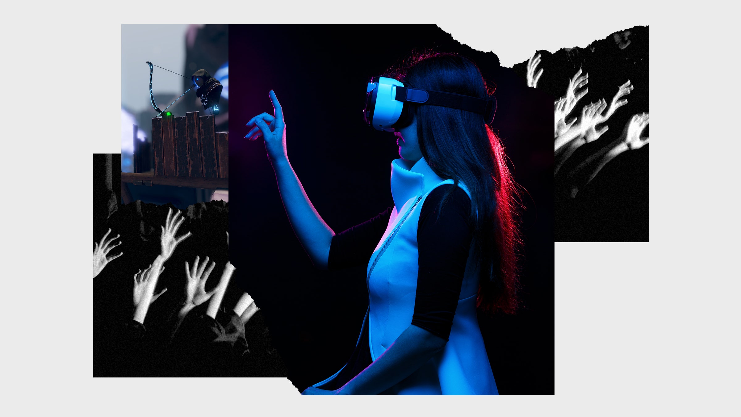 Uma colagem das imagens de uma mulher em harnação de VR com braços ameaçadores que se estendem para ela