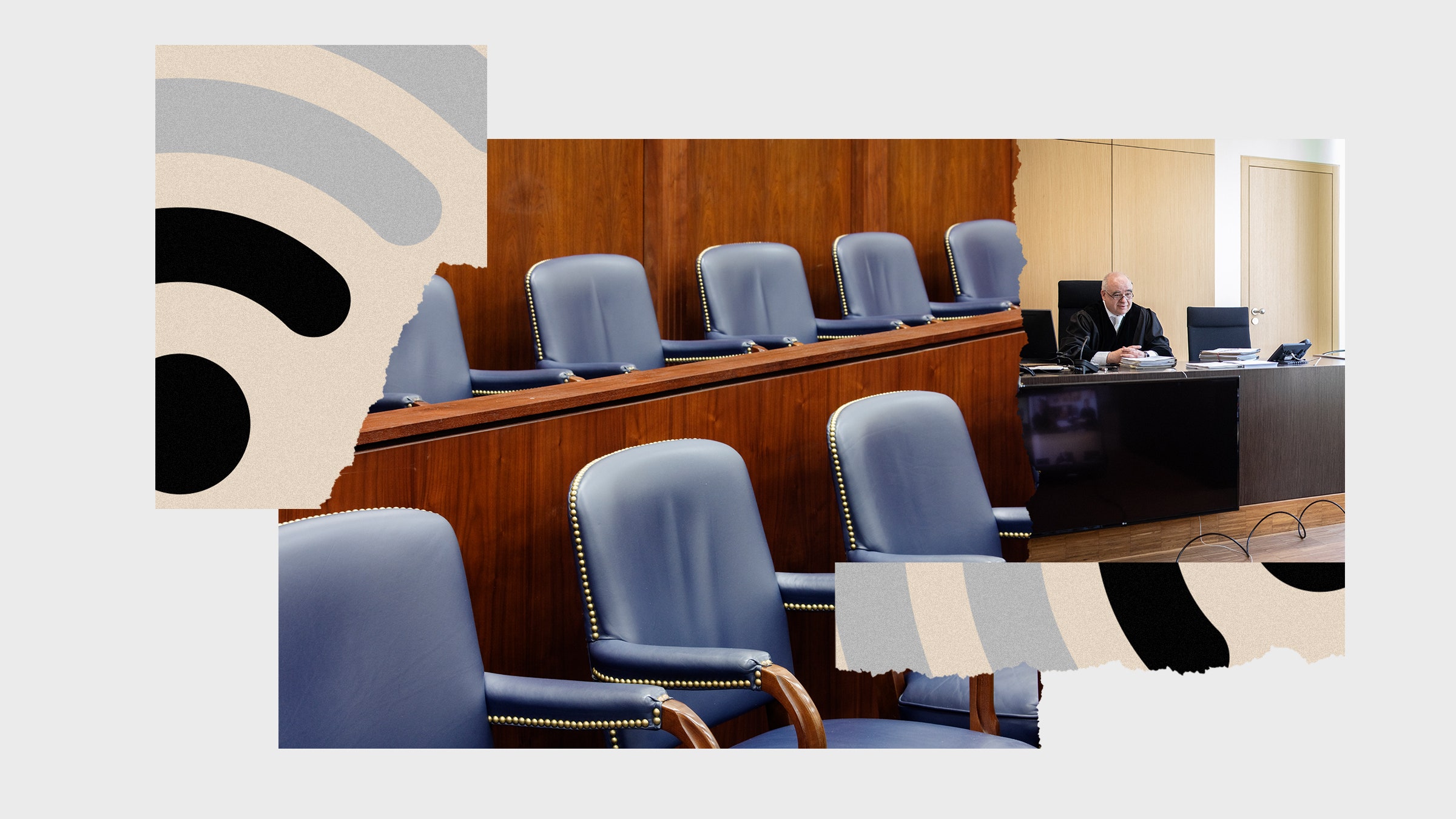 Colagem com a foto de um juiz em um tribunal vazio e um símbolo de Wi-Fi