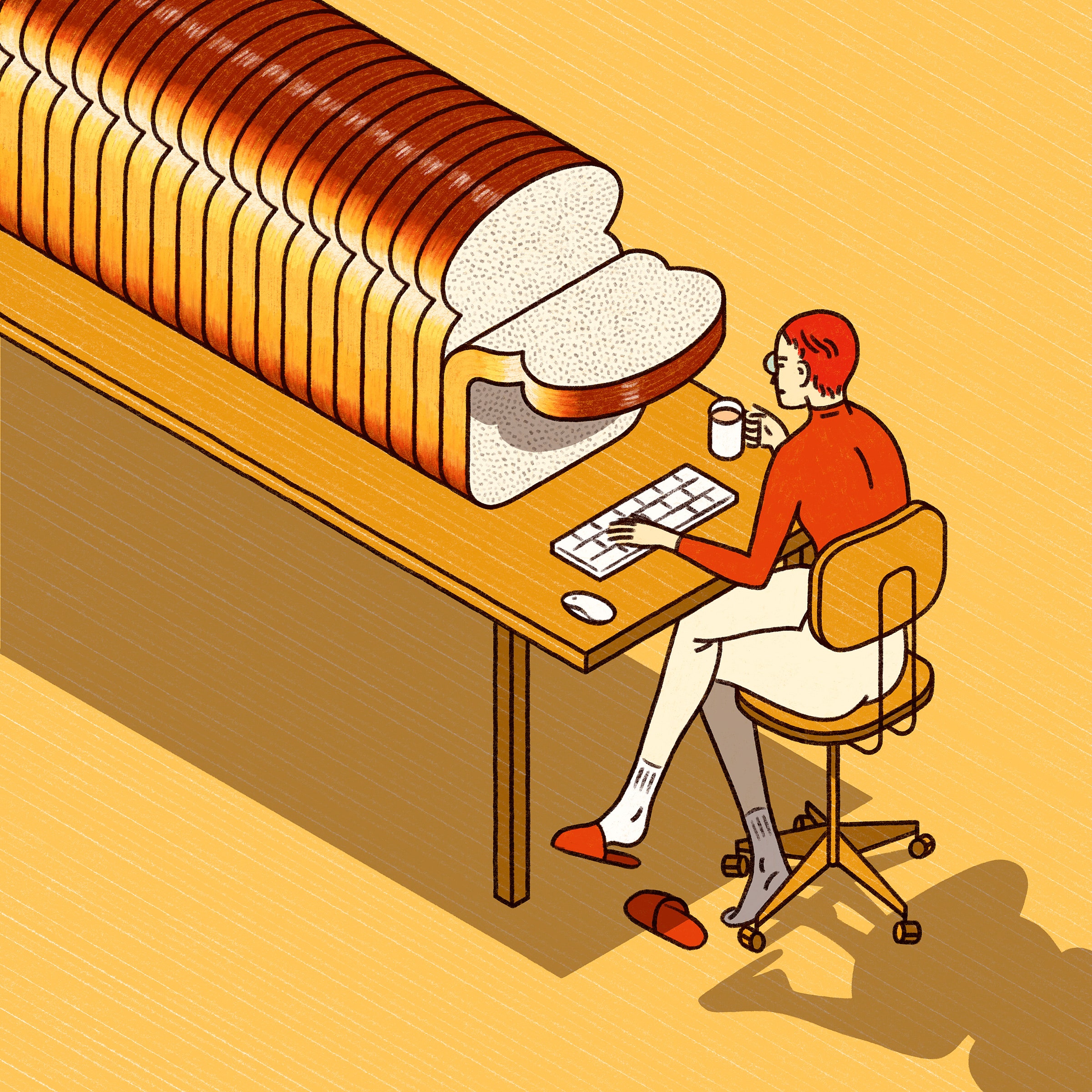 Uma ilustração de uma pessoa em uma mesa longa com um pão enorme de pão picado na parte superior da mesa.