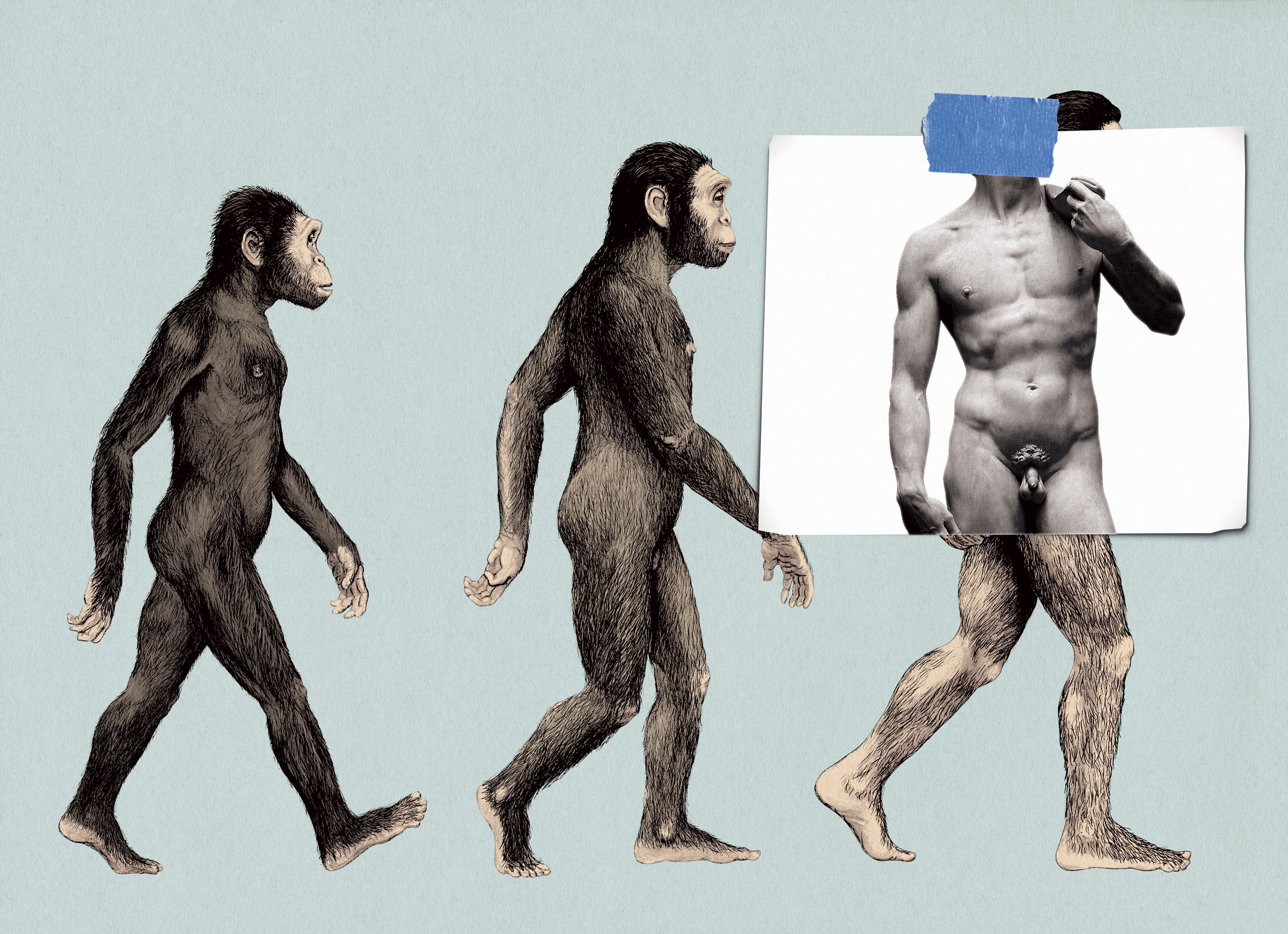 Uma ilustração mostrando a evolução de uma pessoa, mas com a imagem de uma estátua que cobre metade do corpo humano