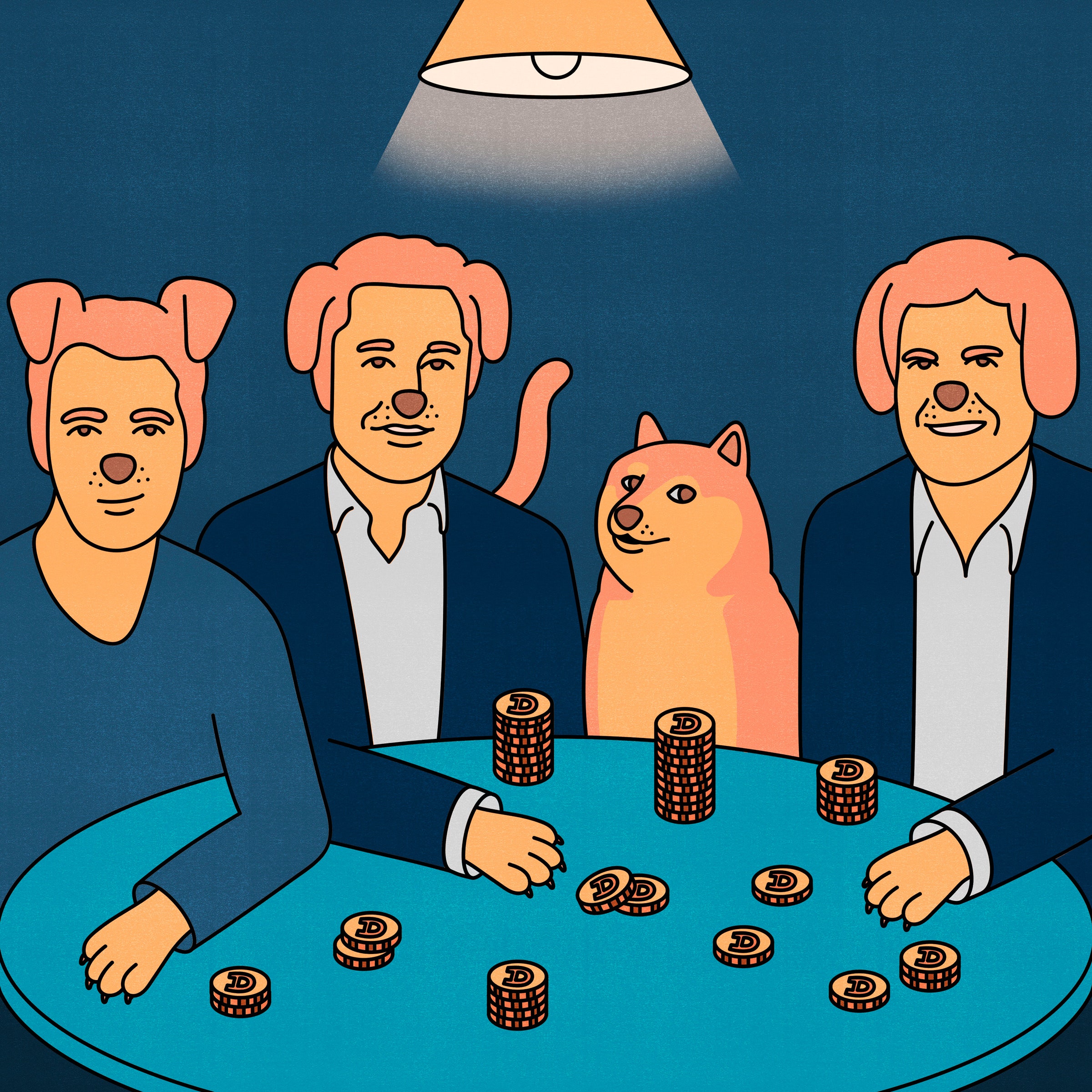 Ilustração com três pessoas com rostos de cachorro e um cachorro sentado à mesa com moedas