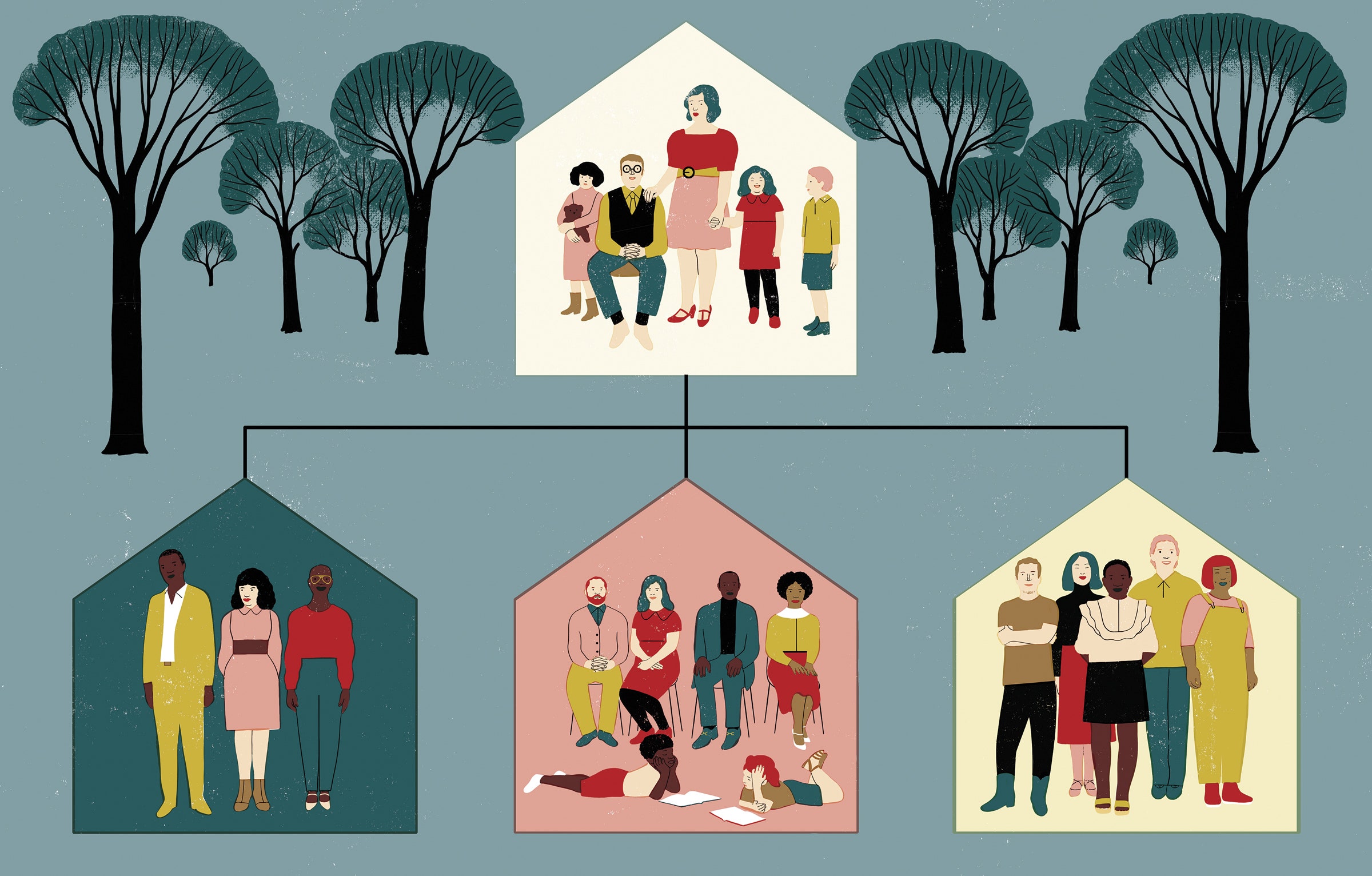 ilustração de famílias que vivem em casas separadas