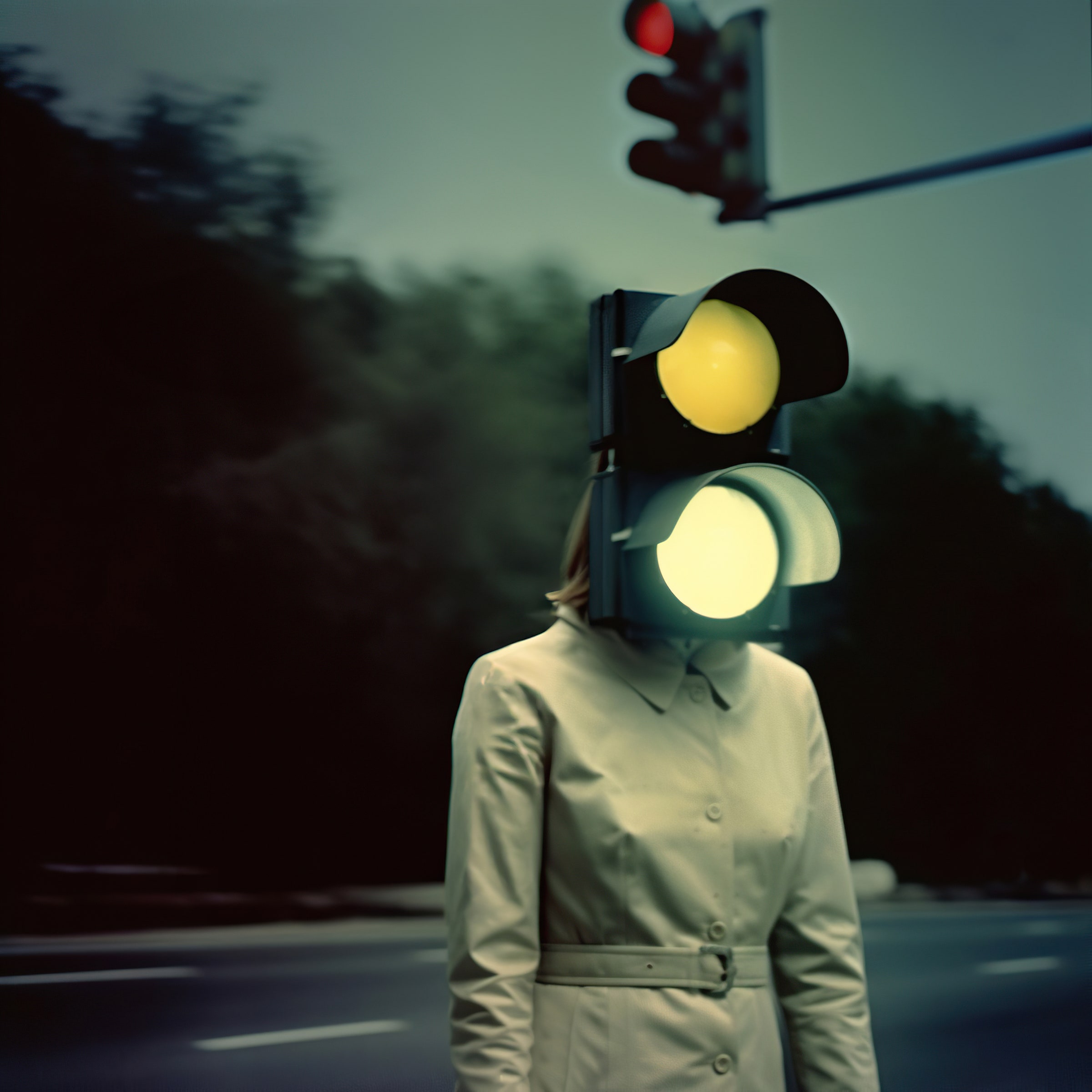 Uma mulher com o rosto de um semáforo