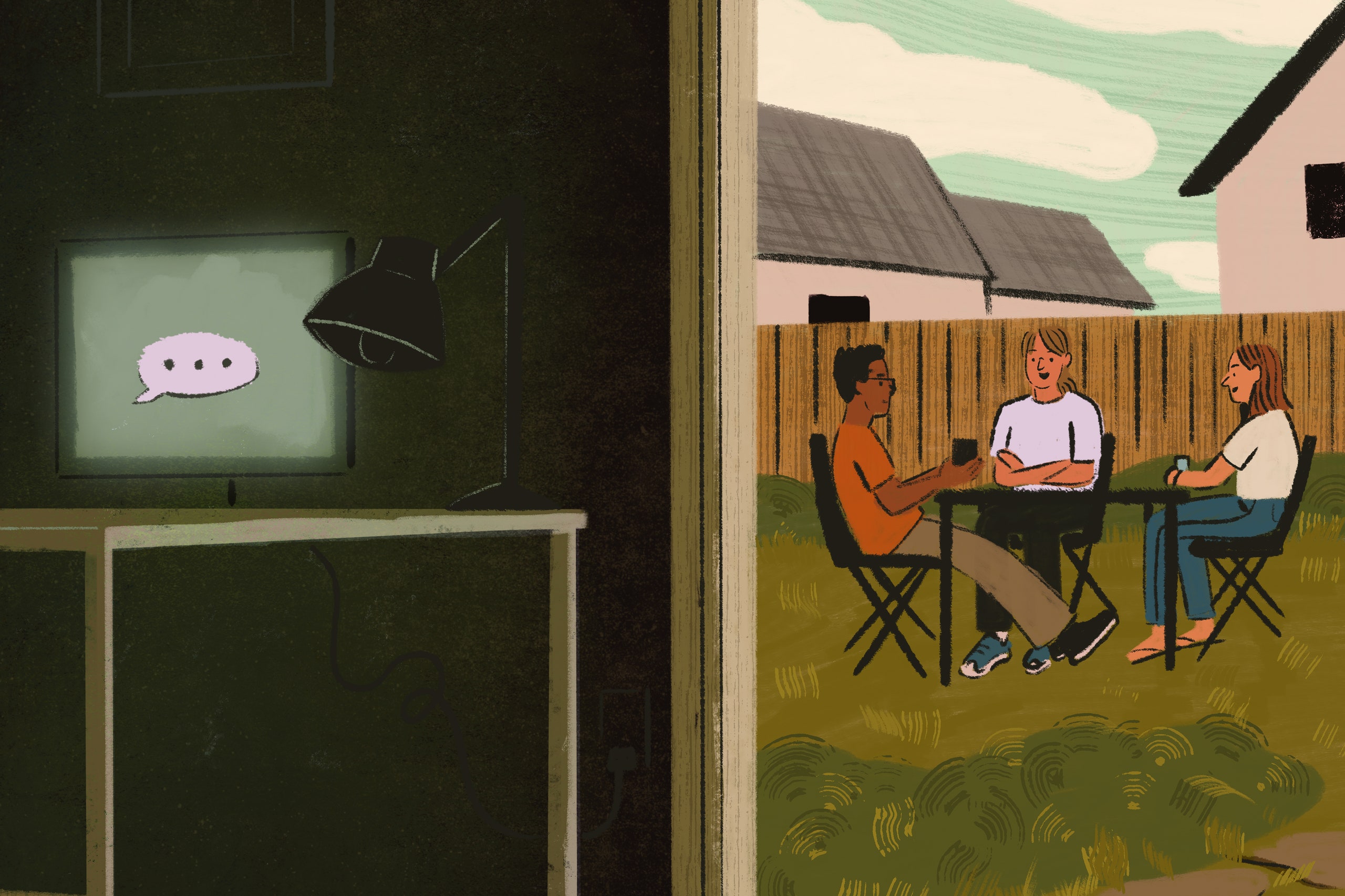 ilustração de um computador em um quarto escuro e três pessoas sentadas em uma mesa no quintal
