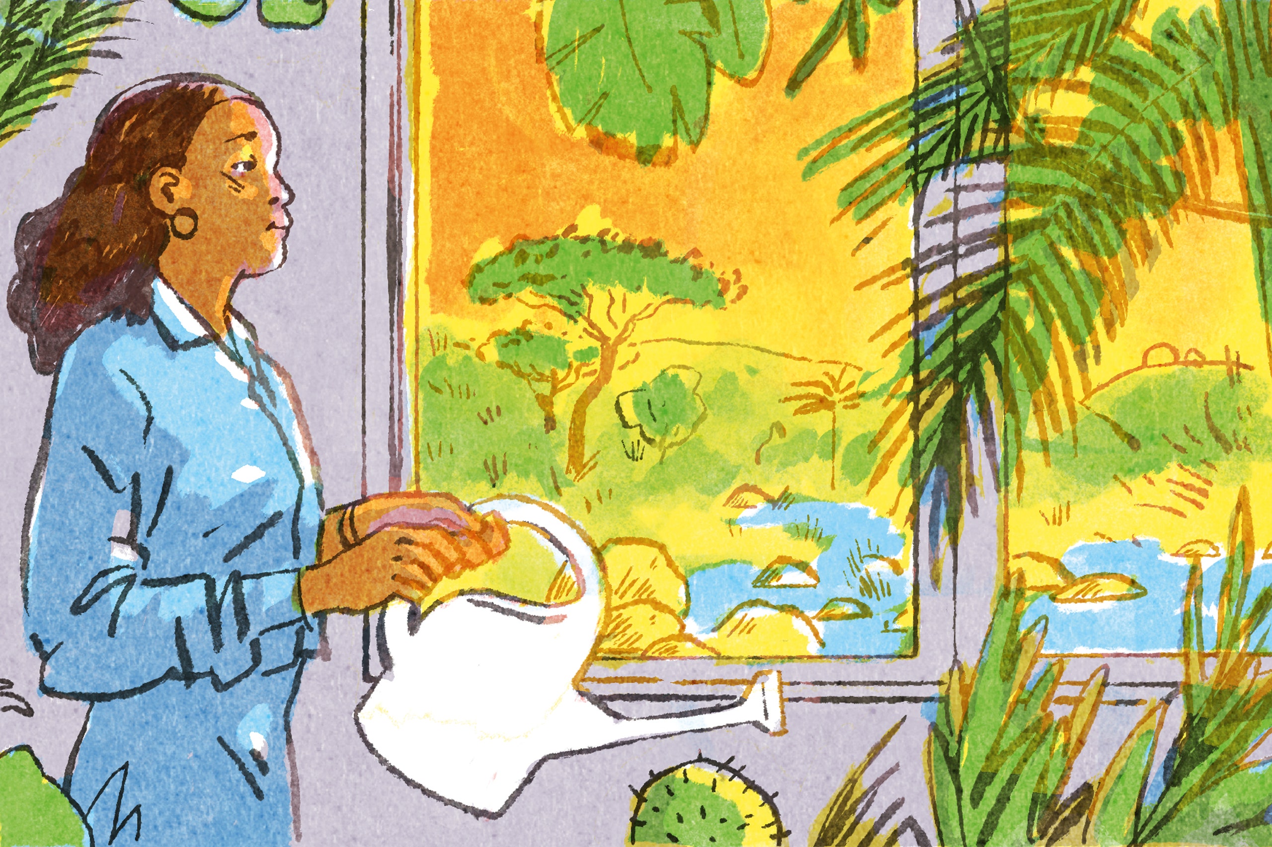 Ilustração de um homem regando plantas dentro de casa com vista para a natureza fora da janela