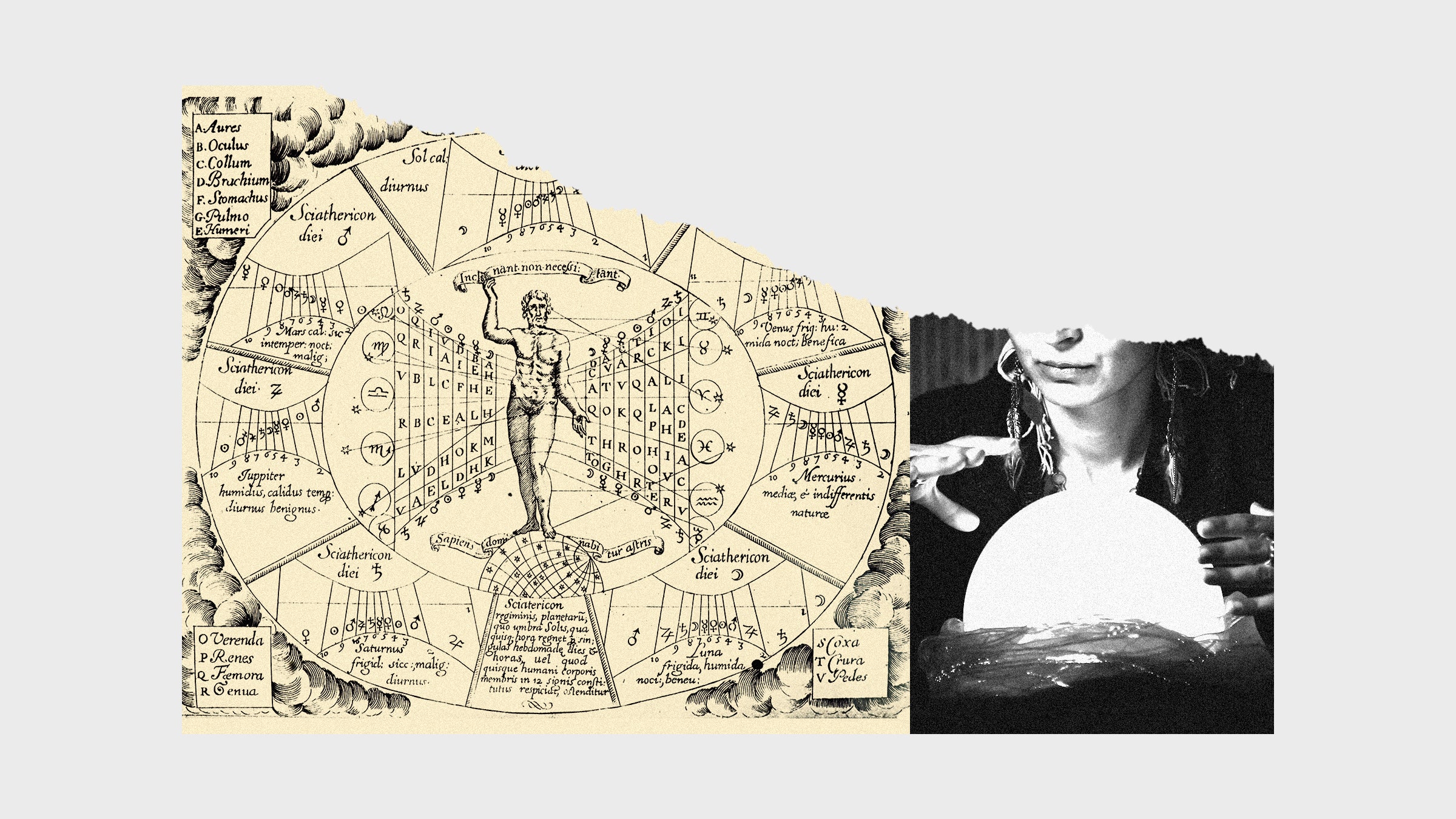 Colagem de imagens de um mapa astrológico e fortuneteller