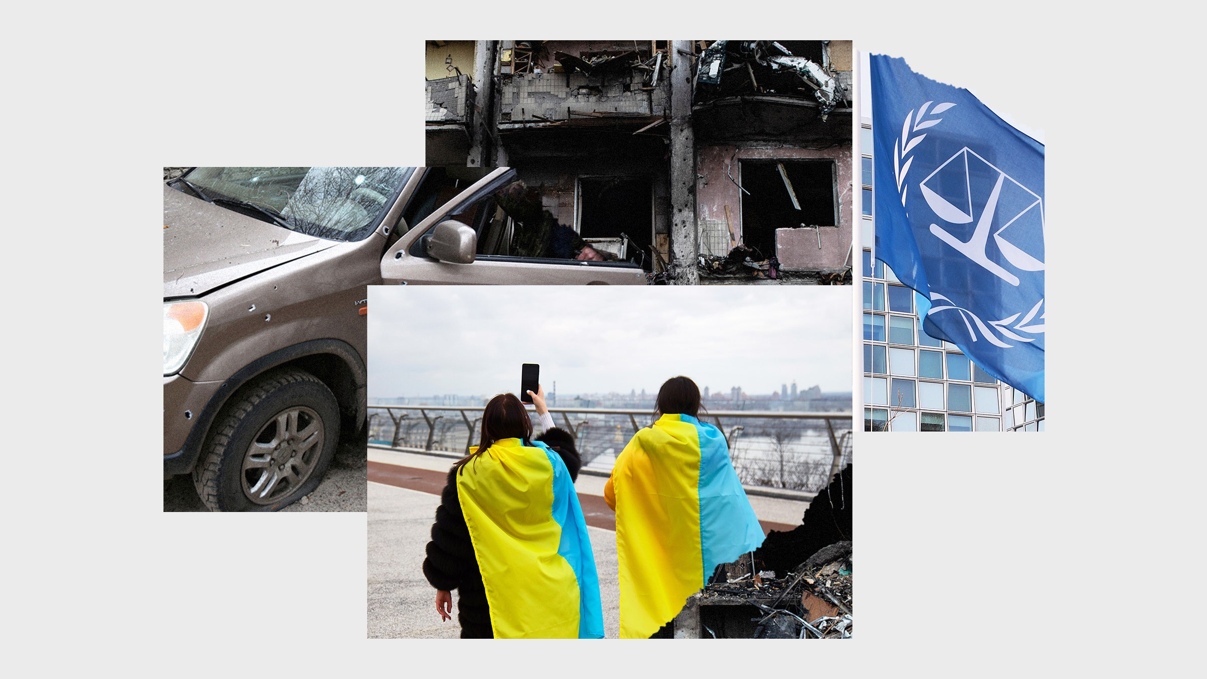Colagem de imagens de pessoas com bandeiras ucranianas fotografando fragmentos em Kiev e bandeira musical