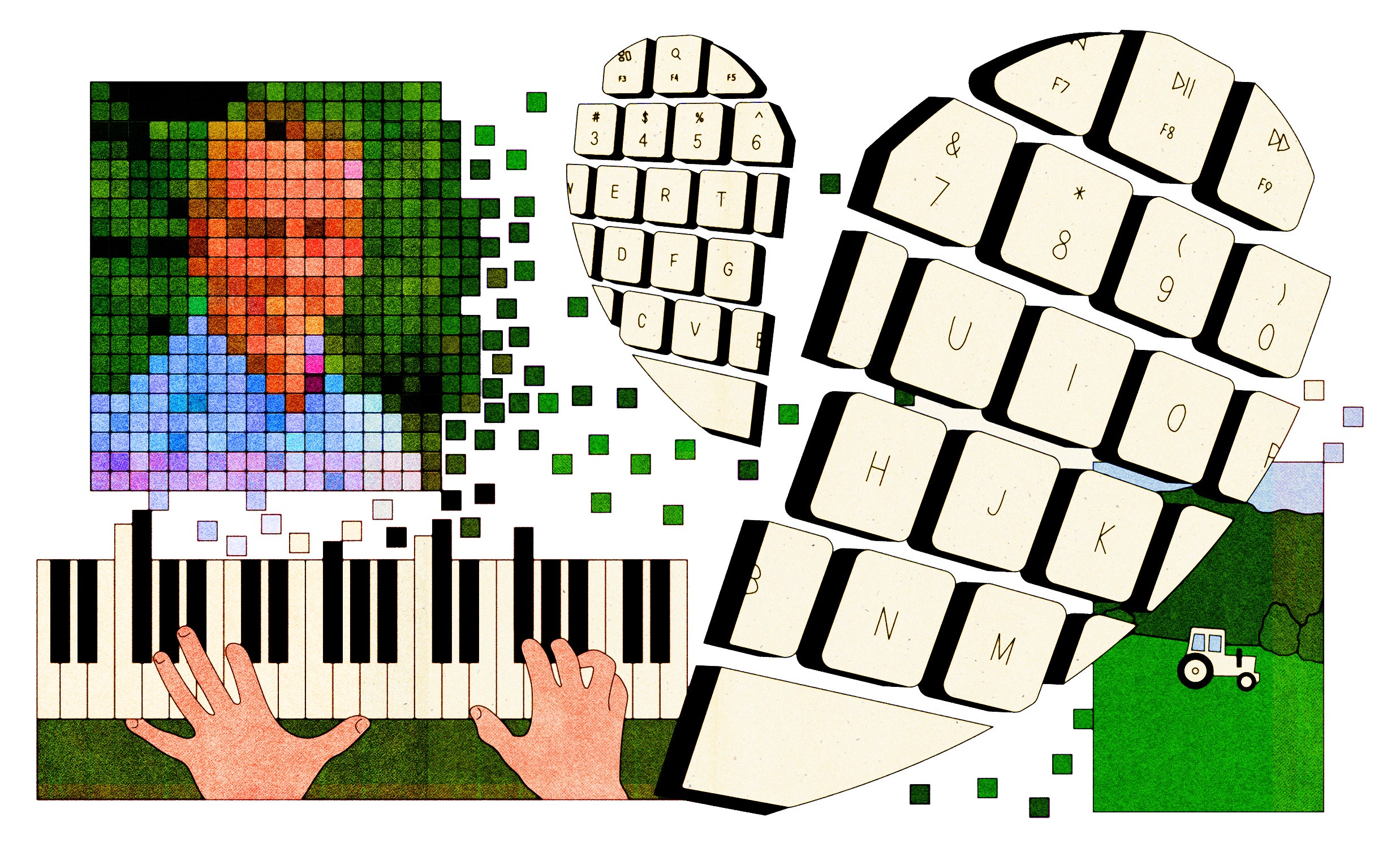 Ilustração de um teclado de computador em forma de coração, mãos tocando um piano, uma pessoa com pixadia e uma fazenda