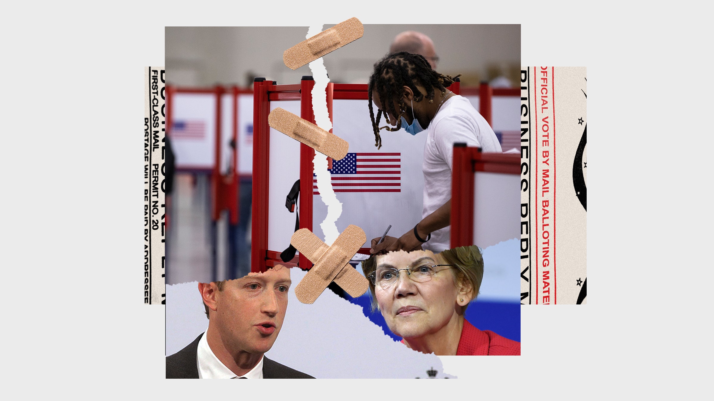 Colagem de imagens de cabines de votação Mark Zuckerberg Elizabeth Warren e Bulletins