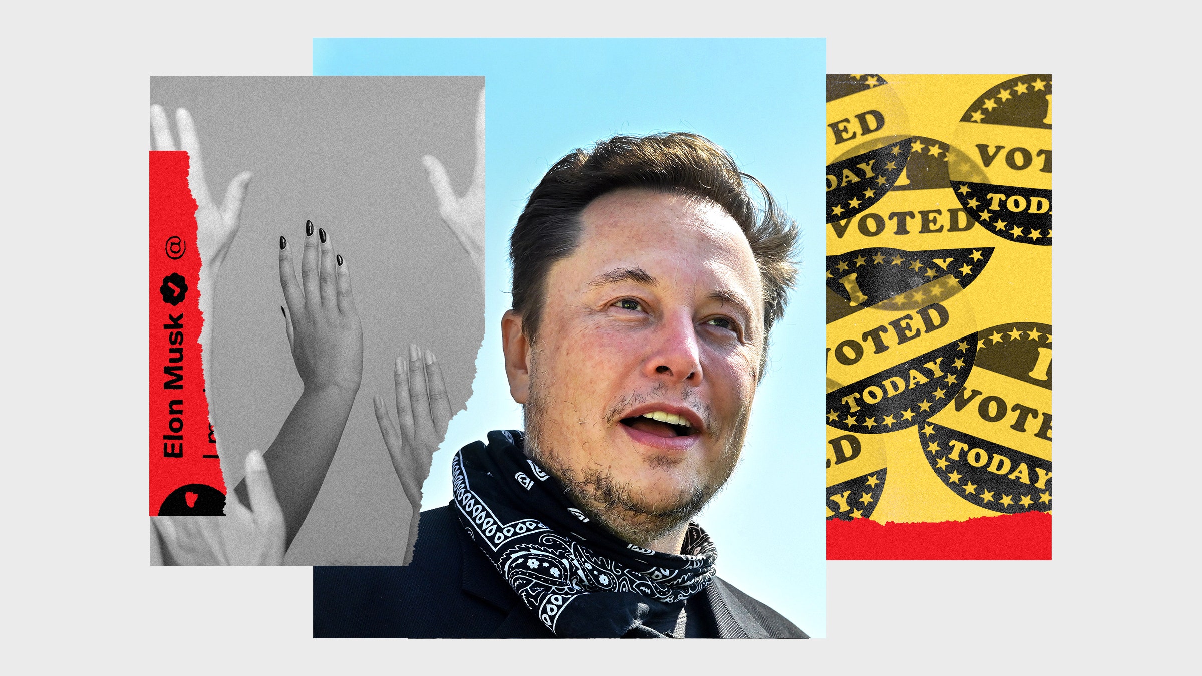 Colagem da máscara de imagens de Elon com eu votei adesivos e as mãos levantadas