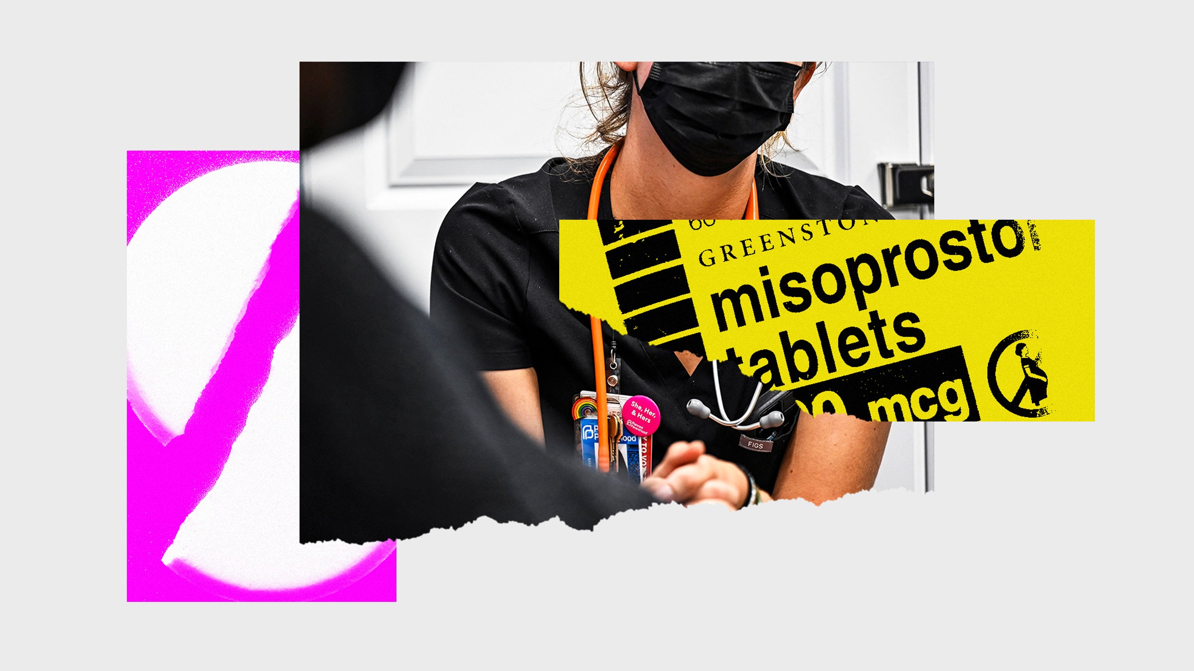 Colagem de fotos com a imagem de um trabalhador médico, quebrado ao meio, o comprimido e a etiqueta do misoprostol de drogas