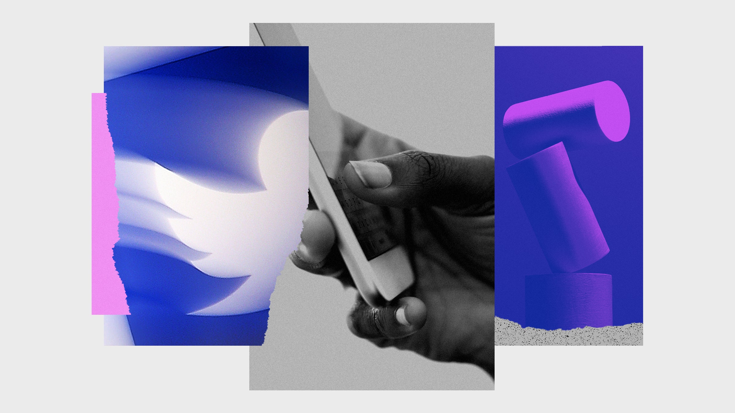 Uma colagem de fotos do logotipo embaçado do Twitter segurando o telefone e os blocos em colapso de
