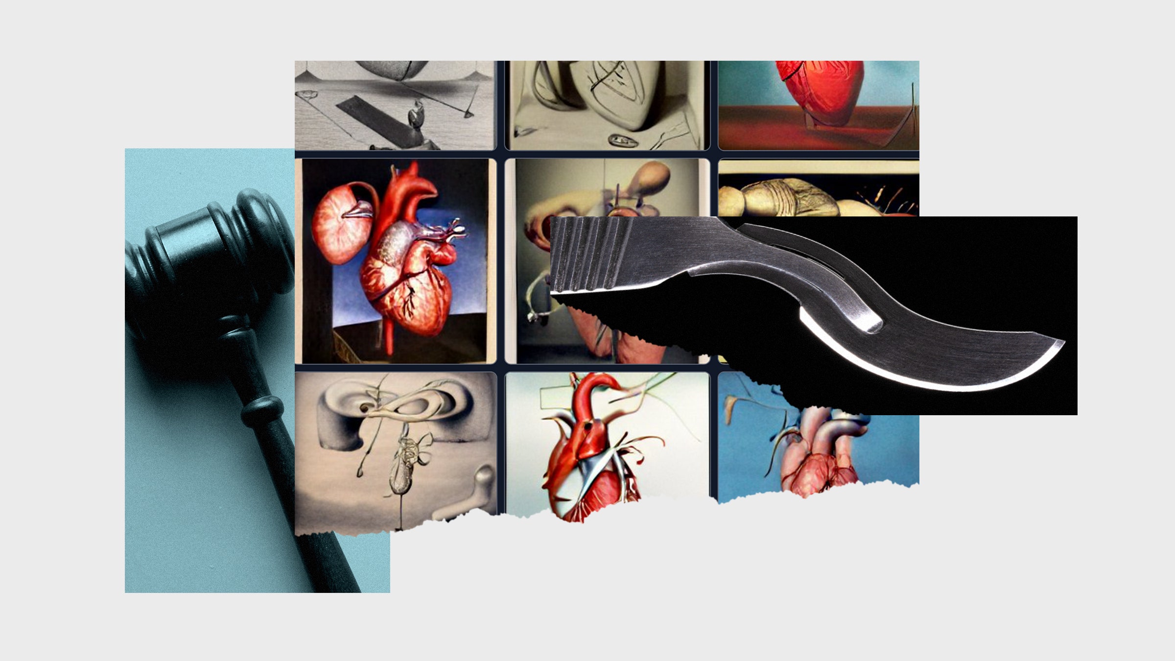 Colagem de fotos de um martelo, um bisturi distorcido e imagens de uma cirurgia cardíaca surreal por Craiyon