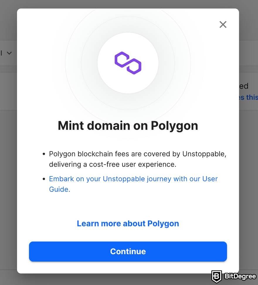 Compre um domínio criptográfico: domínio de mineração Unstoppable Domains Polygon.
