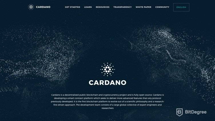 A primeira página do site Cardano