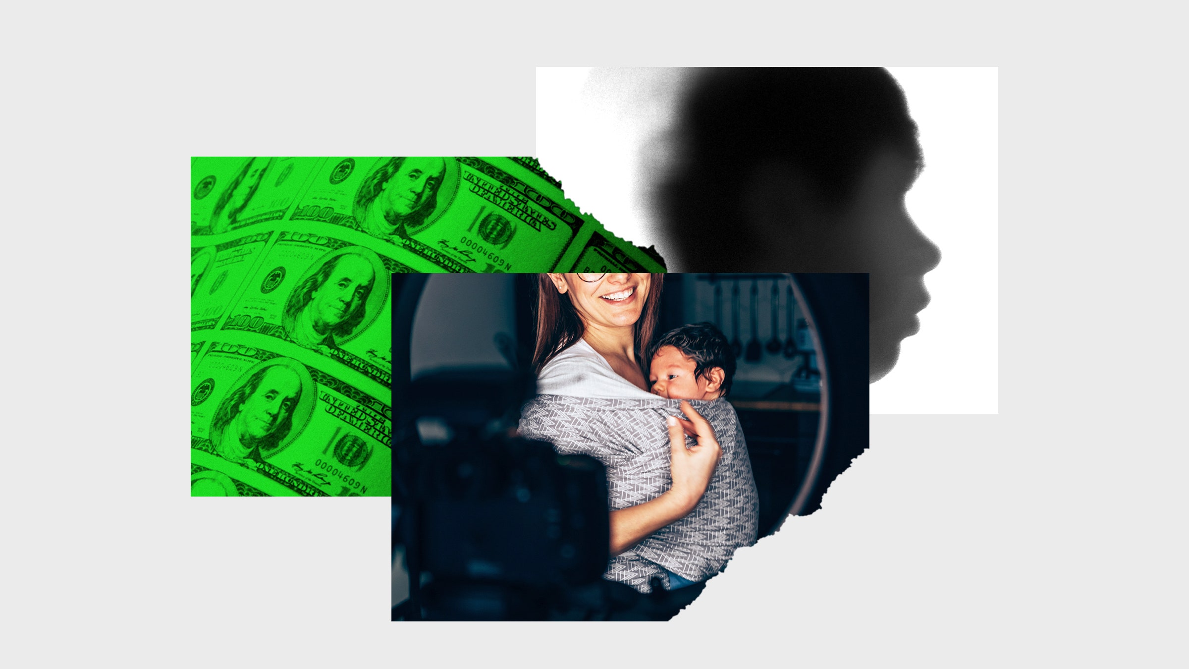 Colagem de fotos de um homem tirando uma foto de si mesmo com dinheiro para seu filho e um perfil desfocado da criança