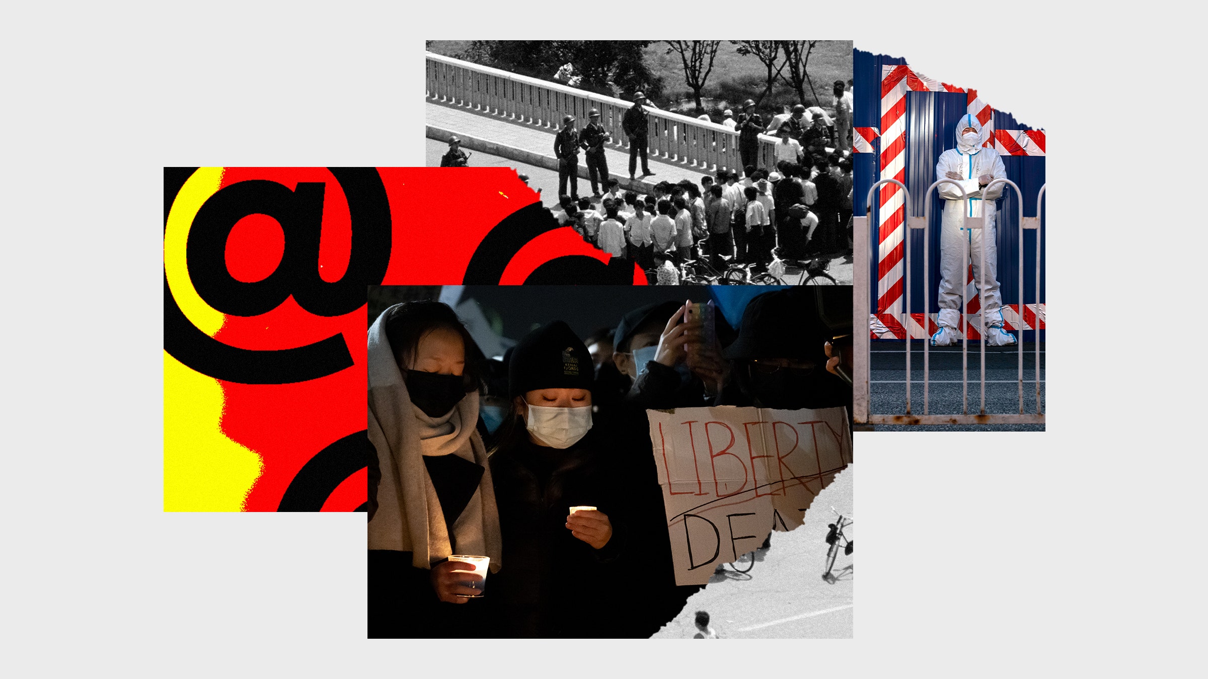 Colagem de fotos de manifestantes em manifestantes de Nova York na praça Tiananman em um risco e símbolos biológicos