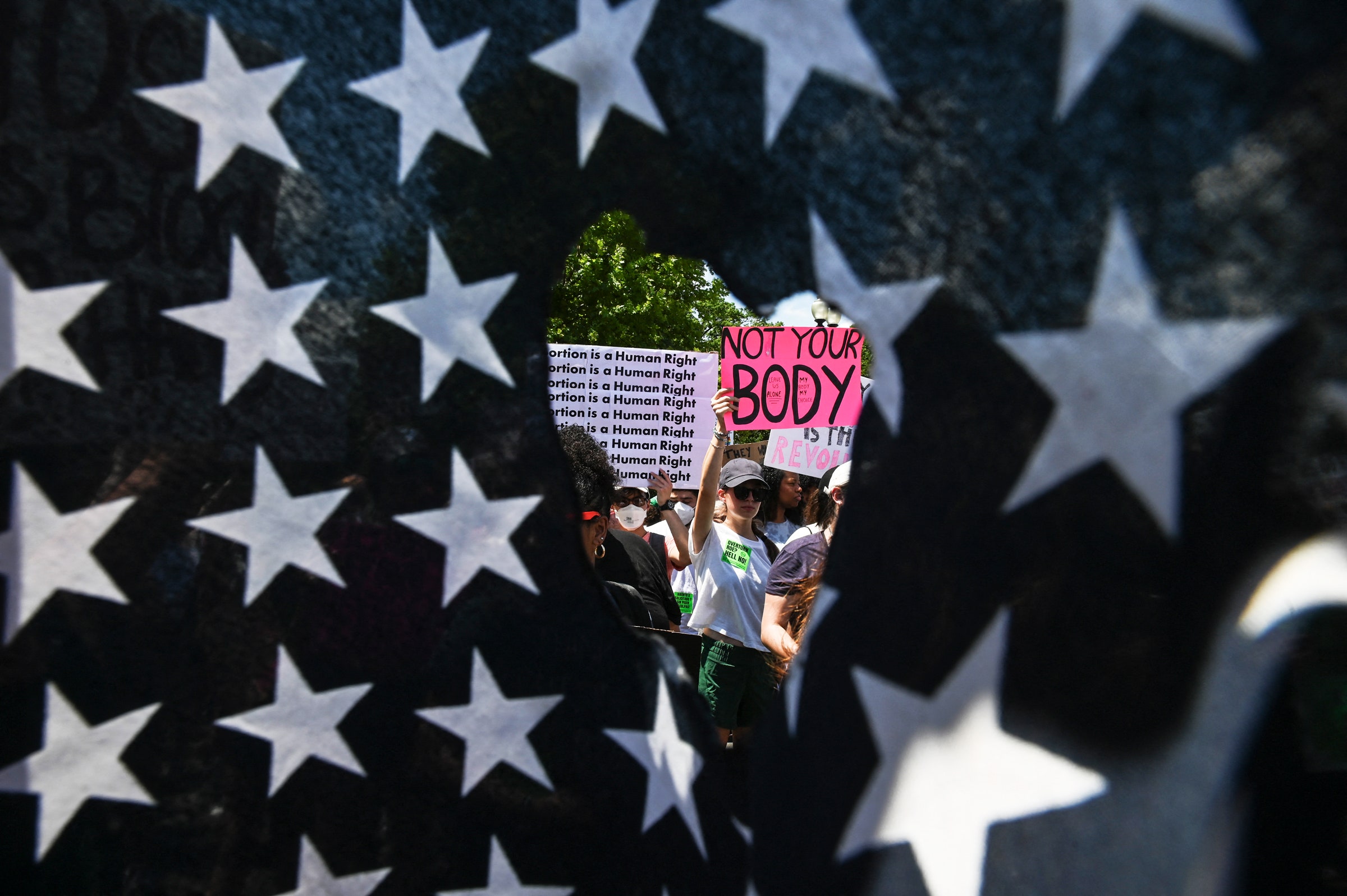 Manifestantes visíveis através de um buraco na bandeira americana