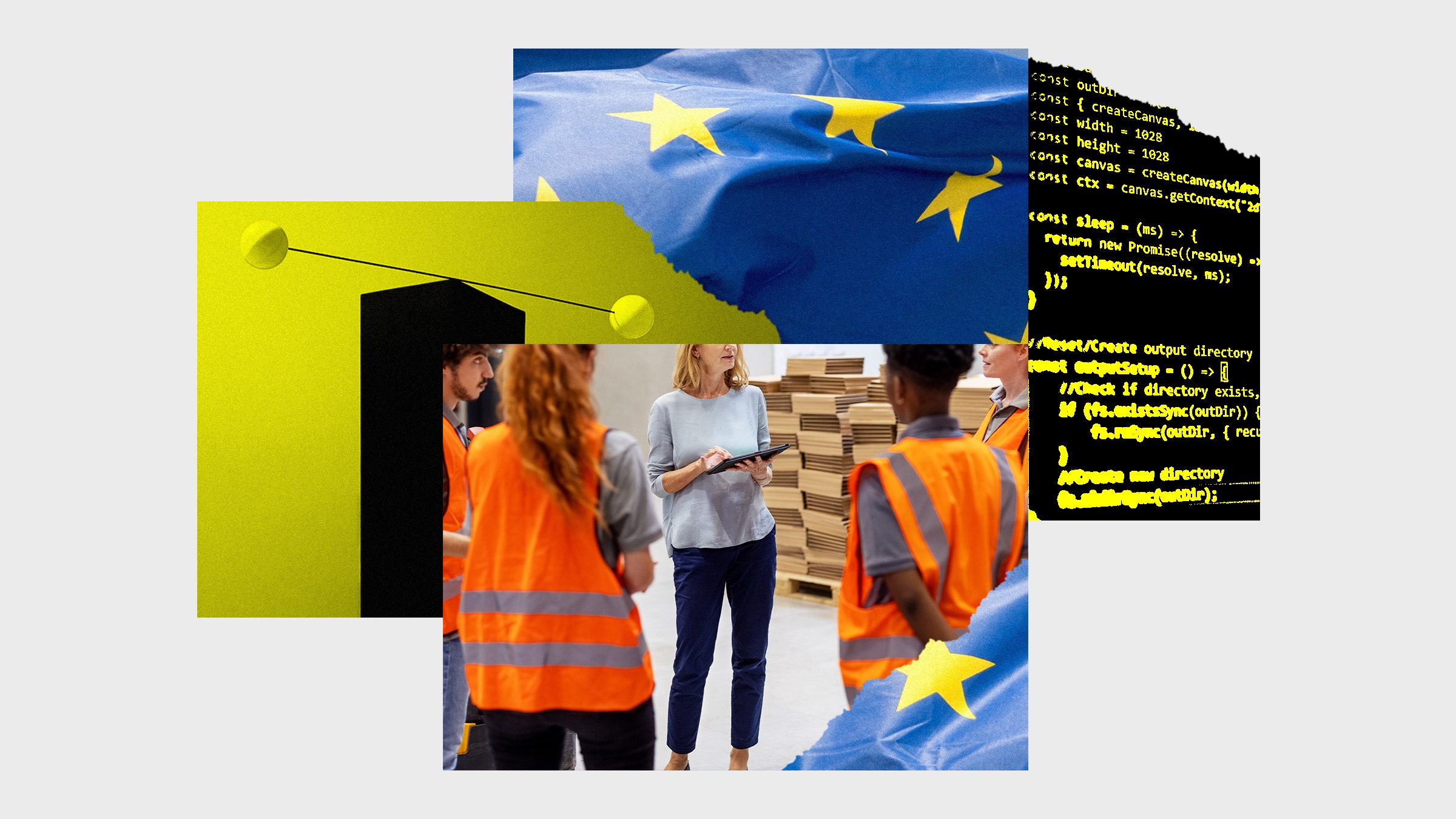 Colagem de fotos de um gerente e funcionários com os algoritmos de bandeira da UE e balanceamento de objetos