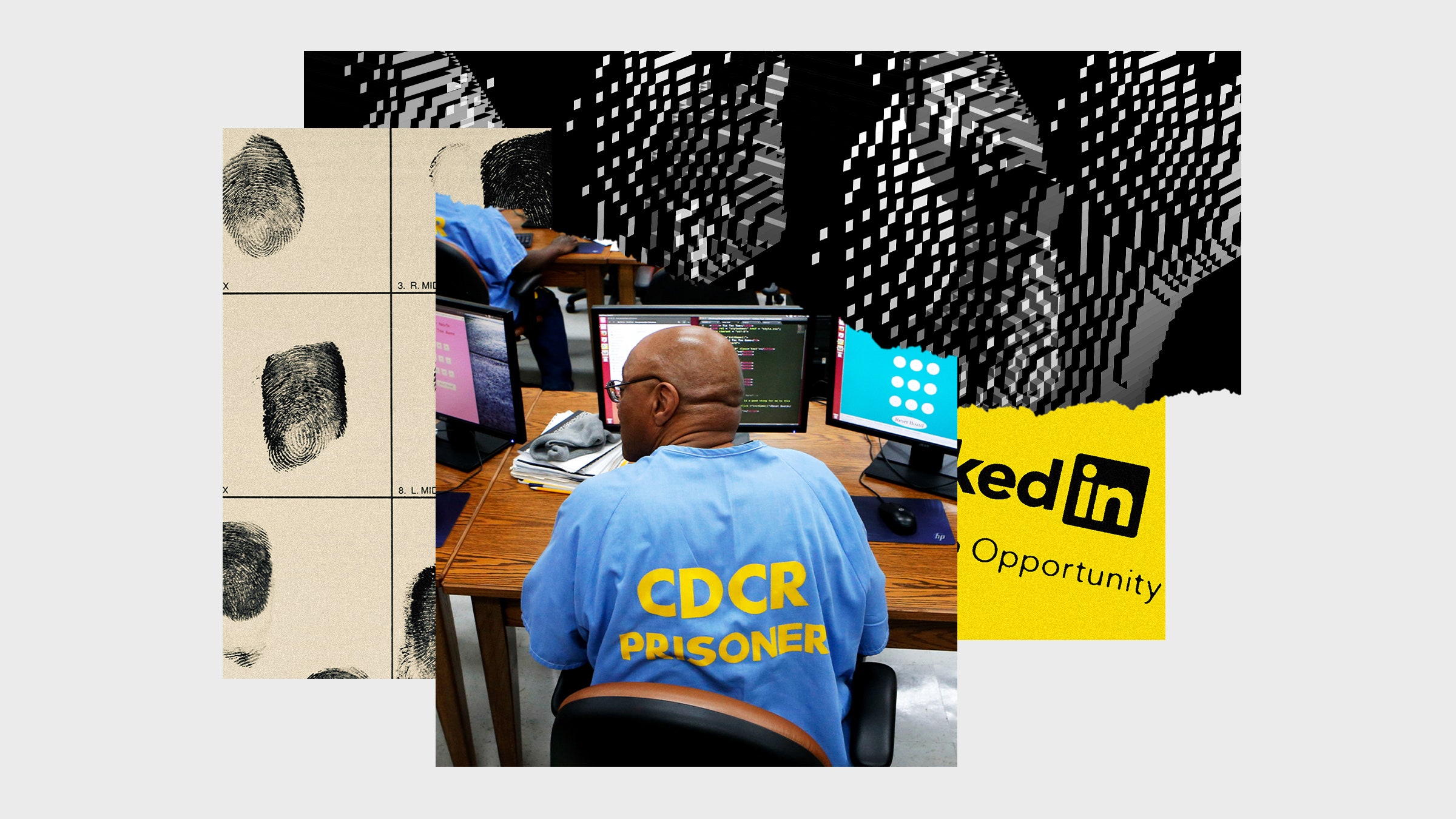 Colagem de fotos de um logotipo do LinkedIn envolvido em um laboratório de computador com impressões digitais e uma apresentação de identidade digital