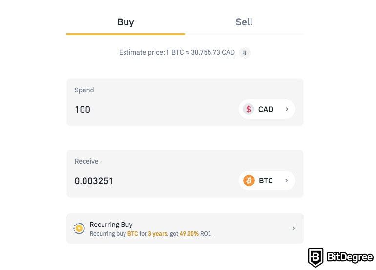 Como comprar Bitcoin no Canadá: Página de compras no Binance.