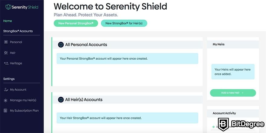 Como usar o Serenity Shield StrongBox: Painel de controle StrongBox.